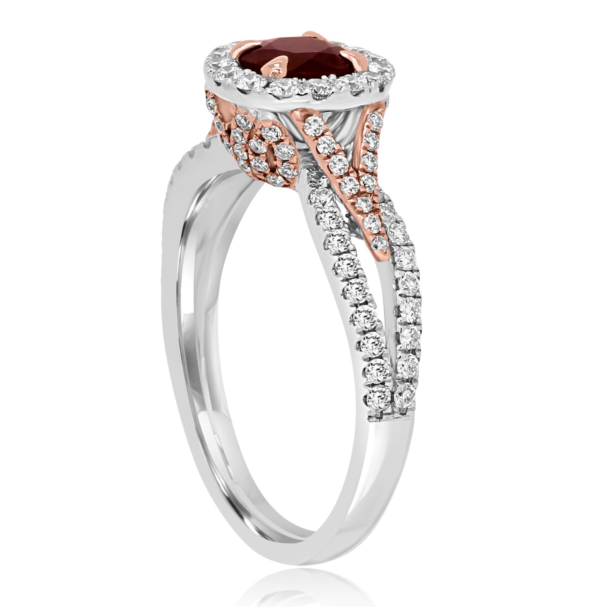 Ruby Round White Diamond Halo Two-Color Gold Bridal Cocktail Ring In New Condition In NEW YORK, NY