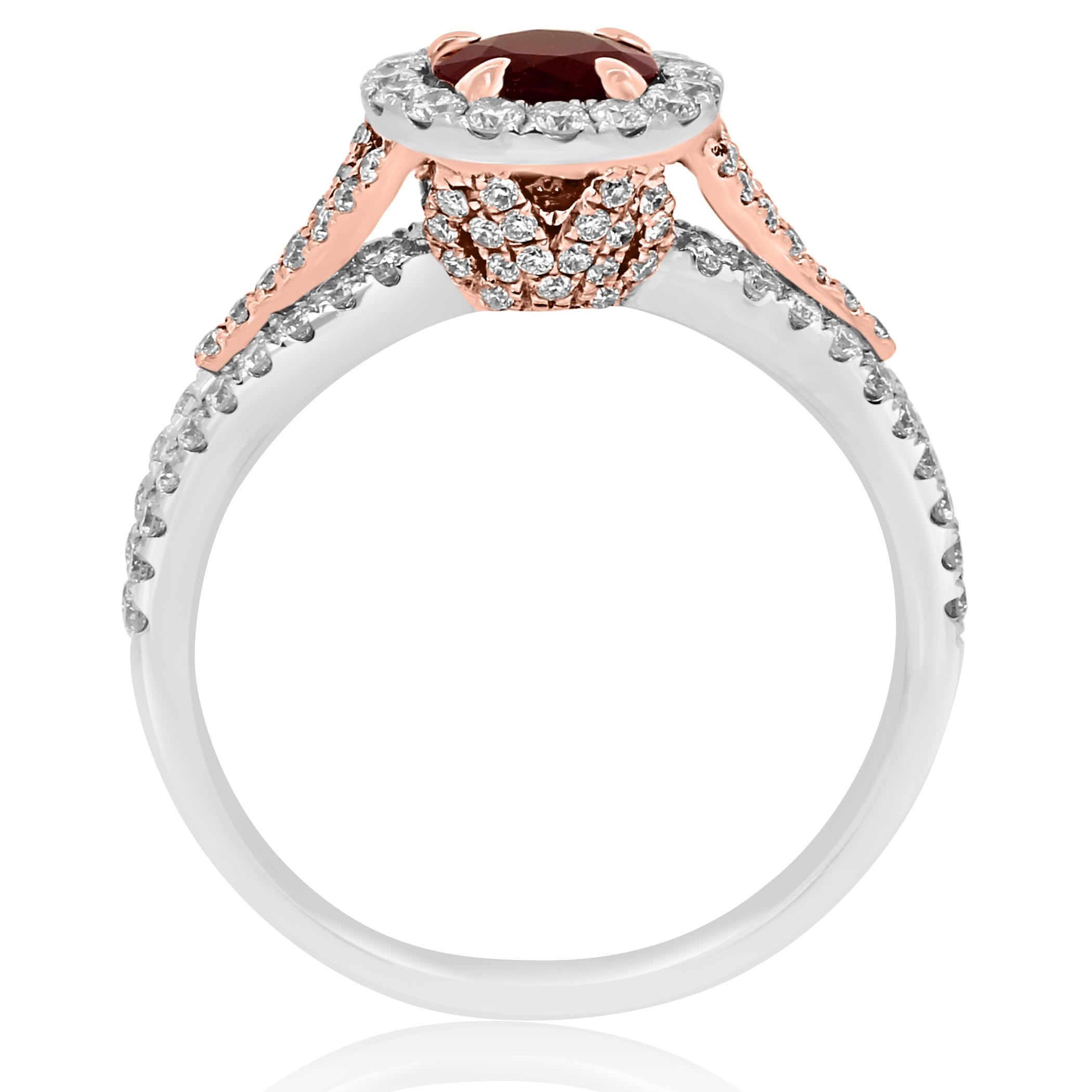 Women's or Men's Ruby Round White Diamond Halo Two-Color Gold Bridal Cocktail Ring