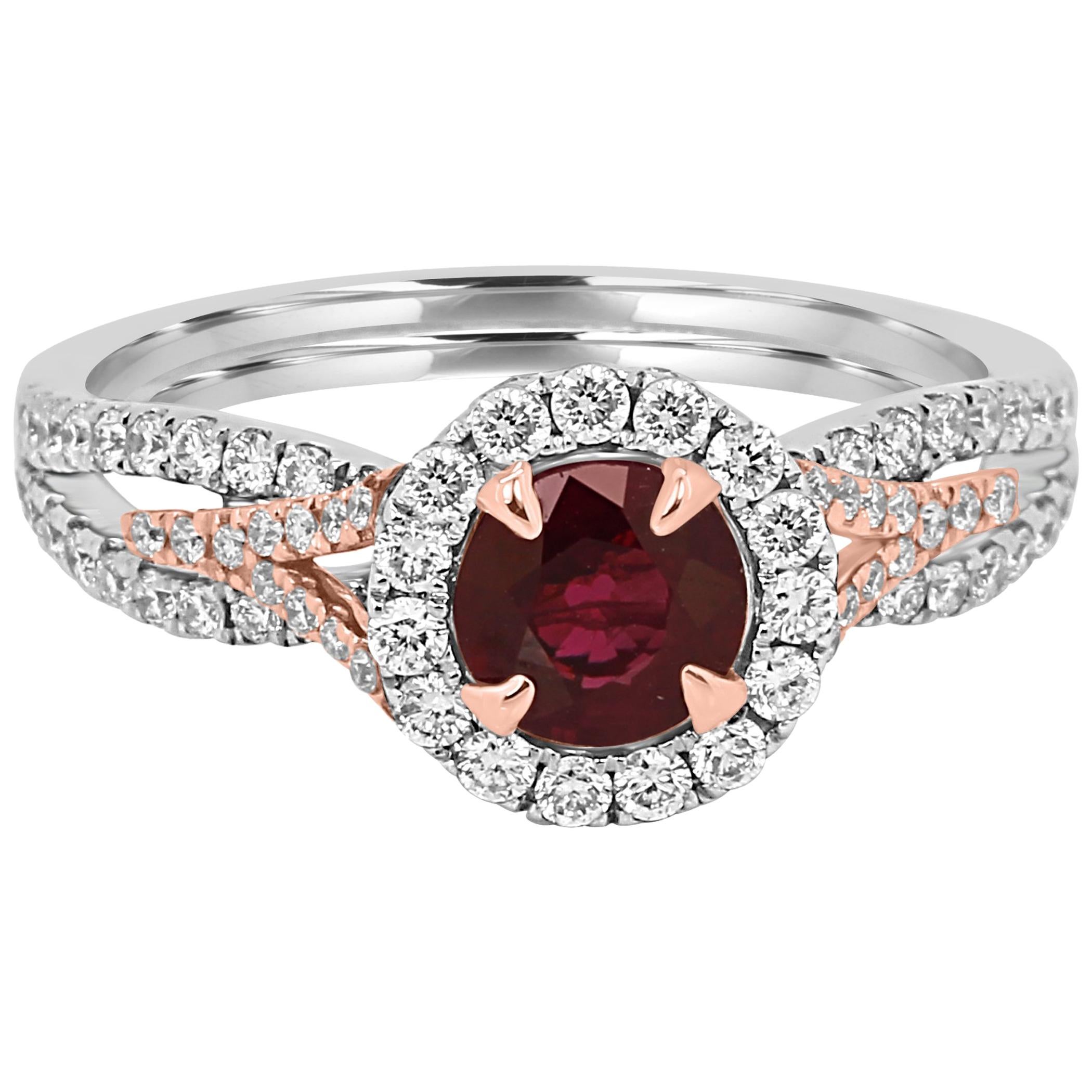 Ruby Round White Diamond Halo Two-Color Gold Bridal Cocktail Ring