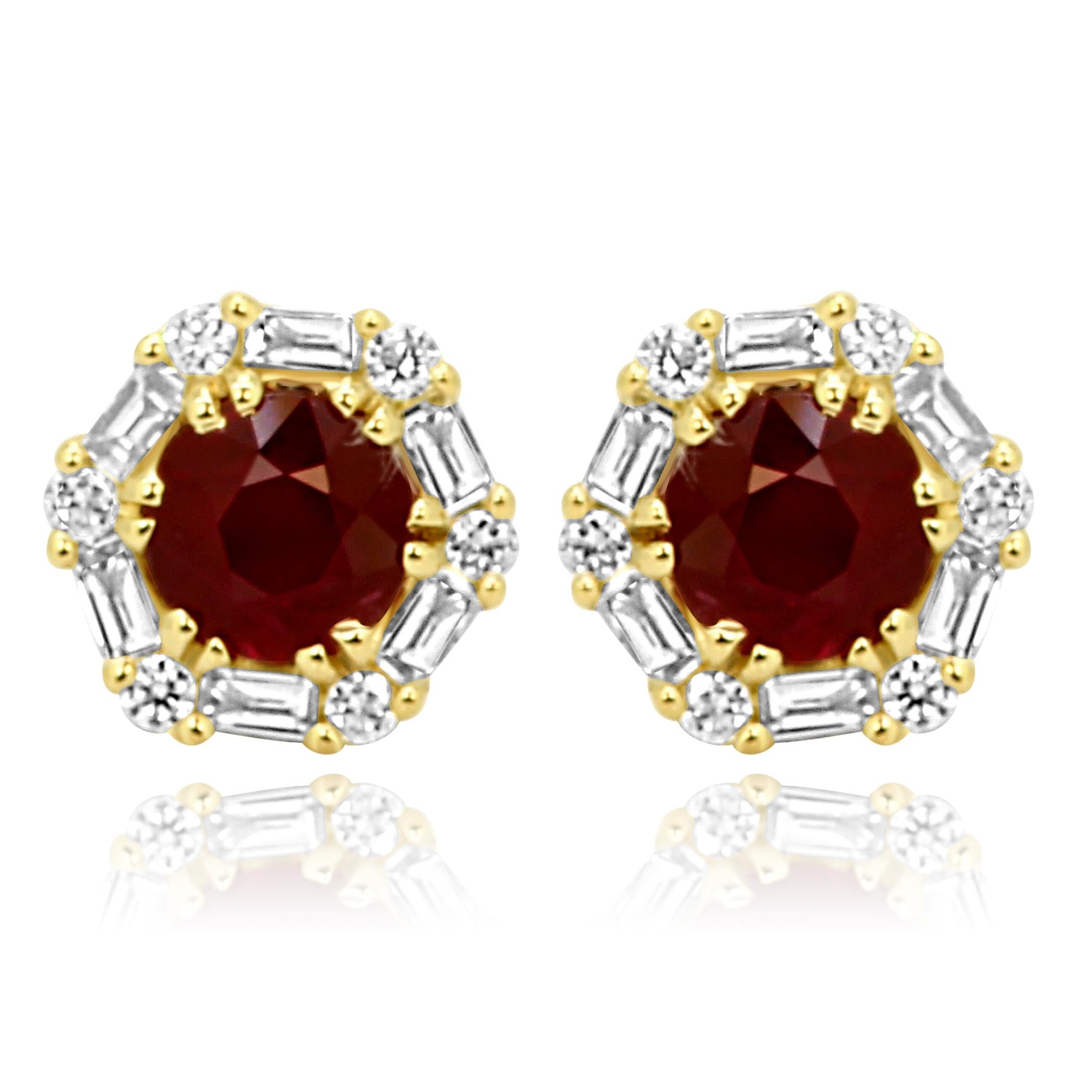 2 Ruby Round 1.36 Carat Encircled in a Halo White Colorless Diamond Round VS Clarity 0.13 Carat and White Colorless Diamond Baguettes VS Clarity 0.25 Carat in 14K Yellow Gold Gorgeous Daily Wear Stud Earring.

2 Center Ruby Weight 1.36 Carat
Total