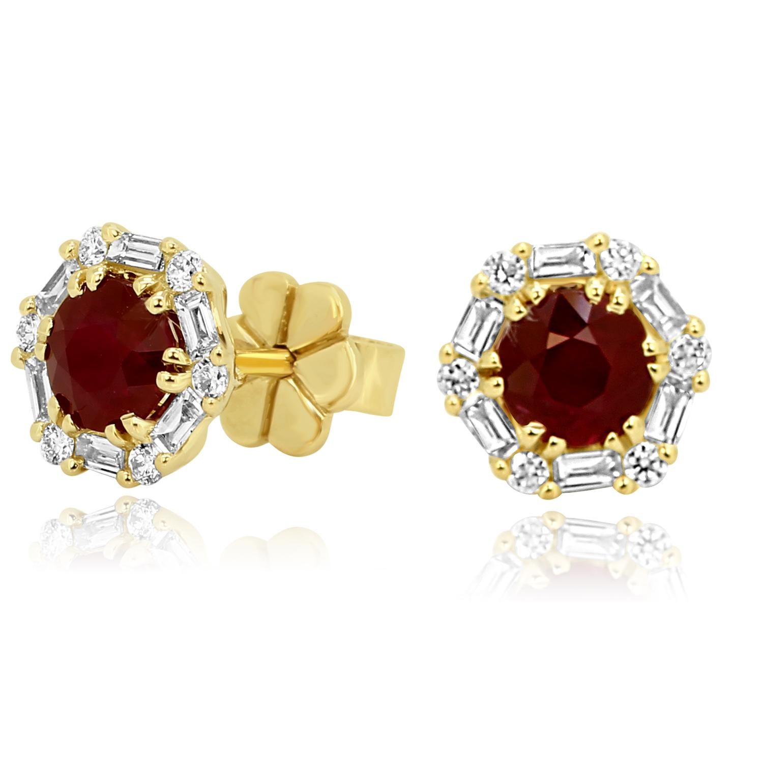 Art Deco Ruby Round White Diamond Halo Yellow Gold Fashion Stud Earring