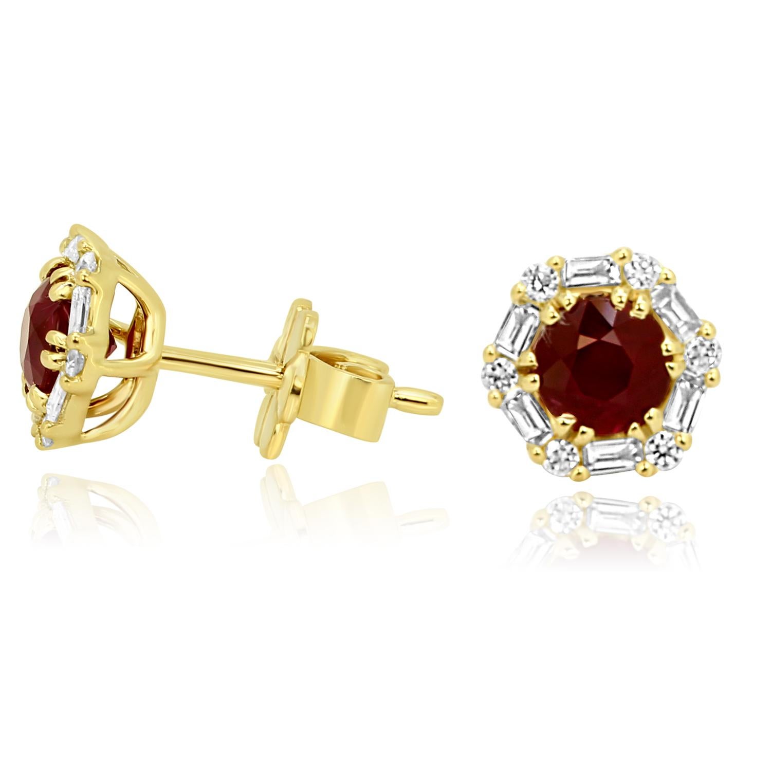 Ruby Round White Diamond Halo Yellow Gold Fashion Stud Earring In New Condition In NEW YORK, NY