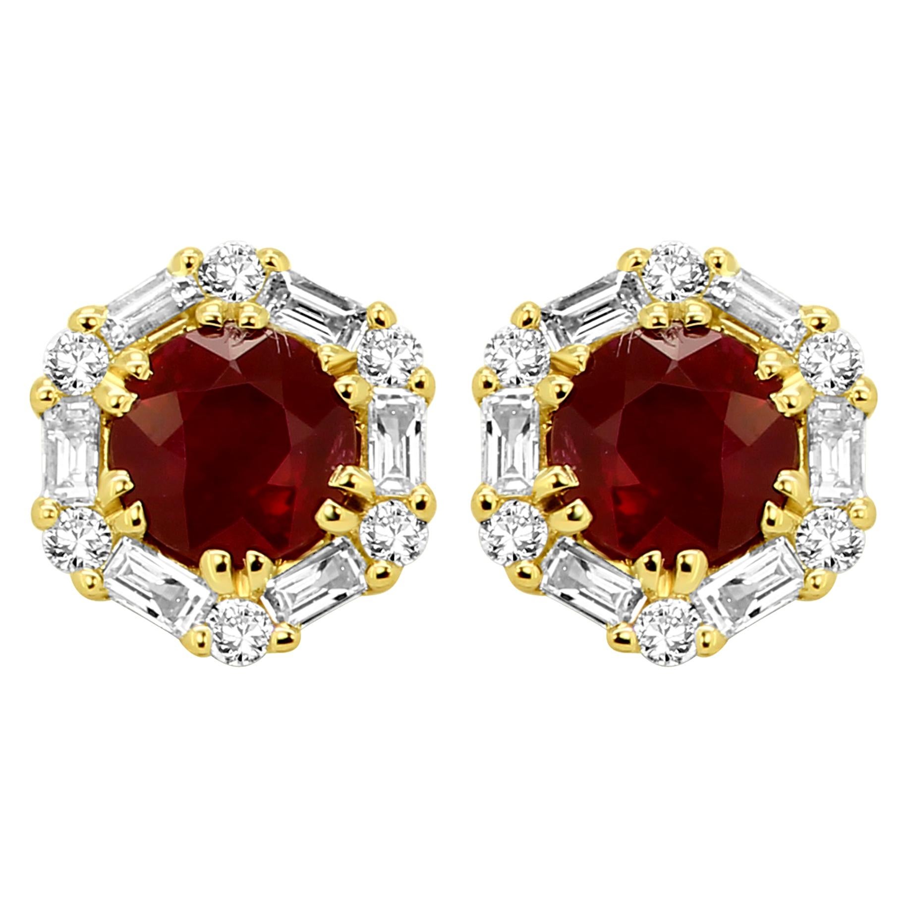 Ruby Round White Diamond Halo Yellow Gold Fashion Stud Earring