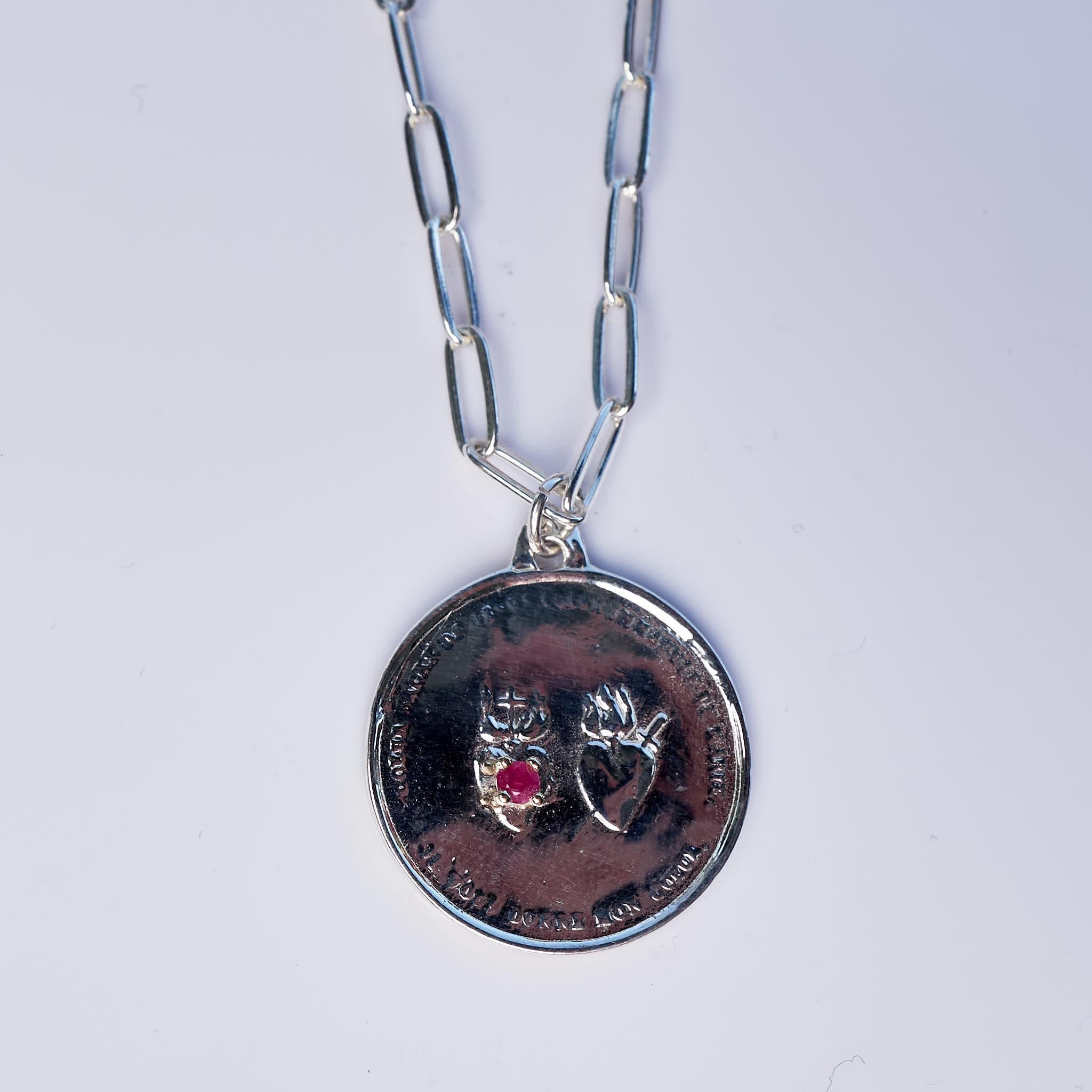 Victorian Ruby Sacred Twin Heart Silver Medal Necklace on a Silver Chain J Dauphin For Sale