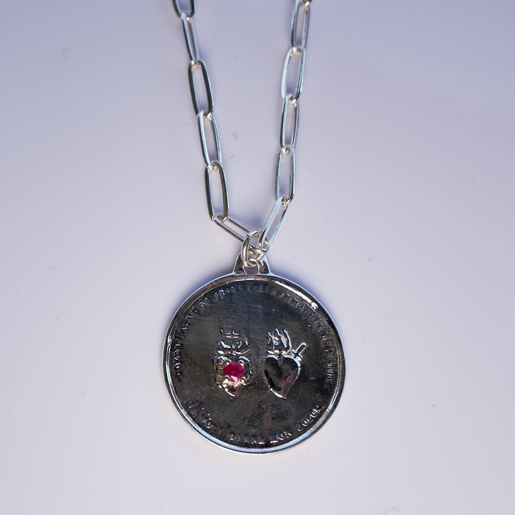 Brilliant Cut Ruby Sacred Twin Heart Silver Medal Necklace on a Silver Chain J Dauphin For Sale
