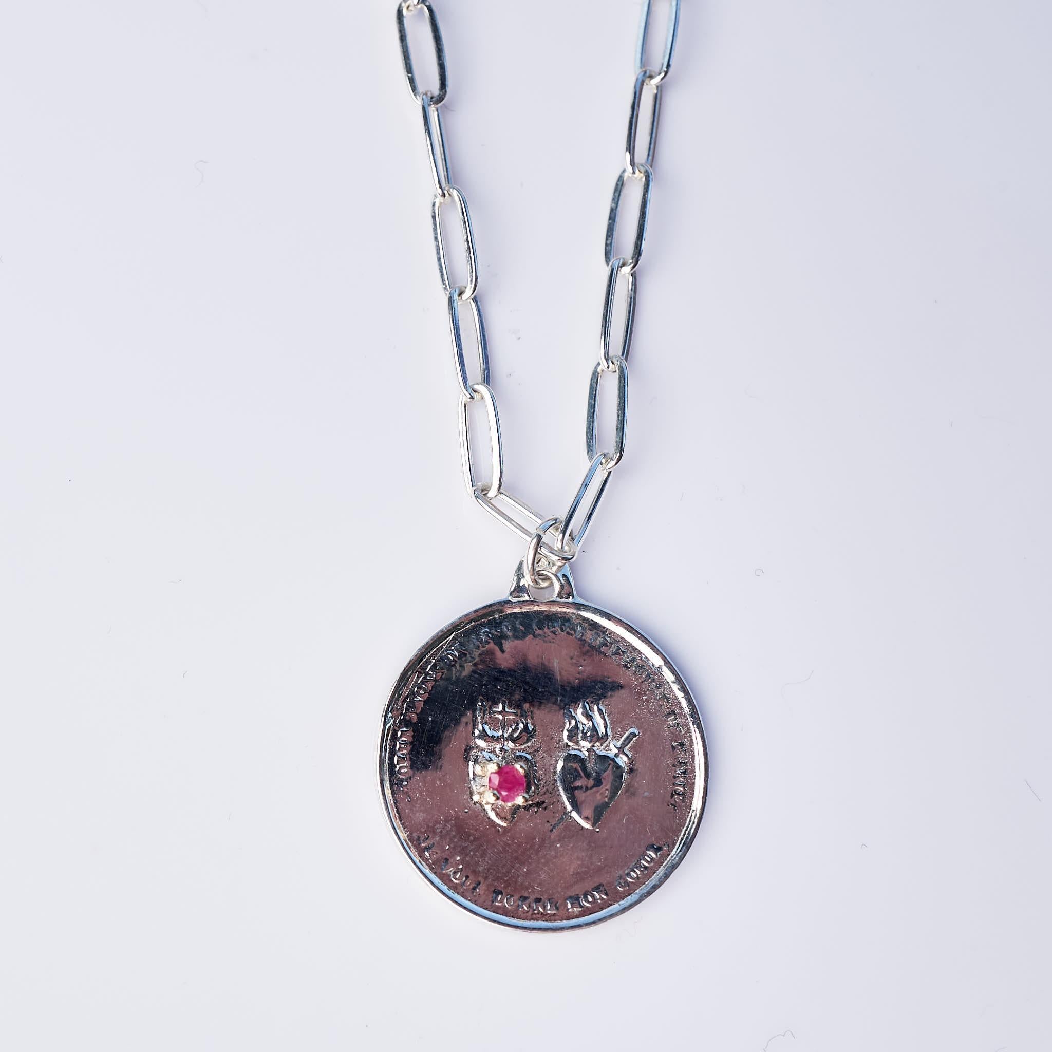 Ruby Sacred Twin Heart Silver Medal Necklace on a Silver Chain J Dauphin In New Condition For Sale In Los Angeles, CA