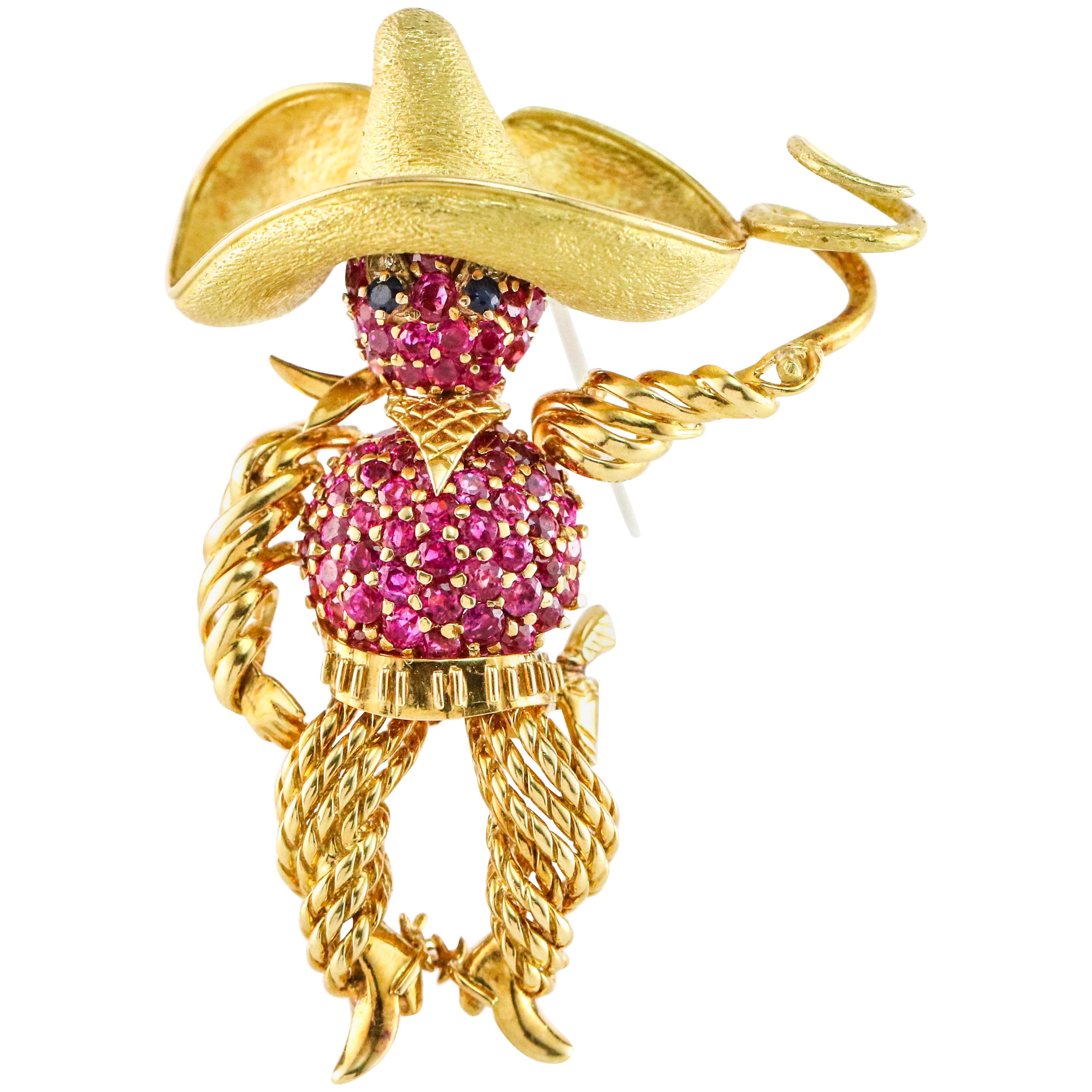 Ruby Sapphire and Diamond 18 Karat Gold Cowboy with Sombrero and Lasso Brooch For Sale