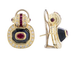 Ruby, Sapphire and Diamond 18 Karat Yellow Gold Earrings