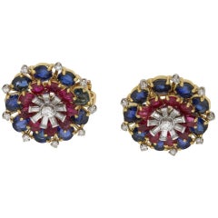 Ruby, Sapphire and Diamond Firework Cluster Earrings in 18 Karat Yellow Gold
