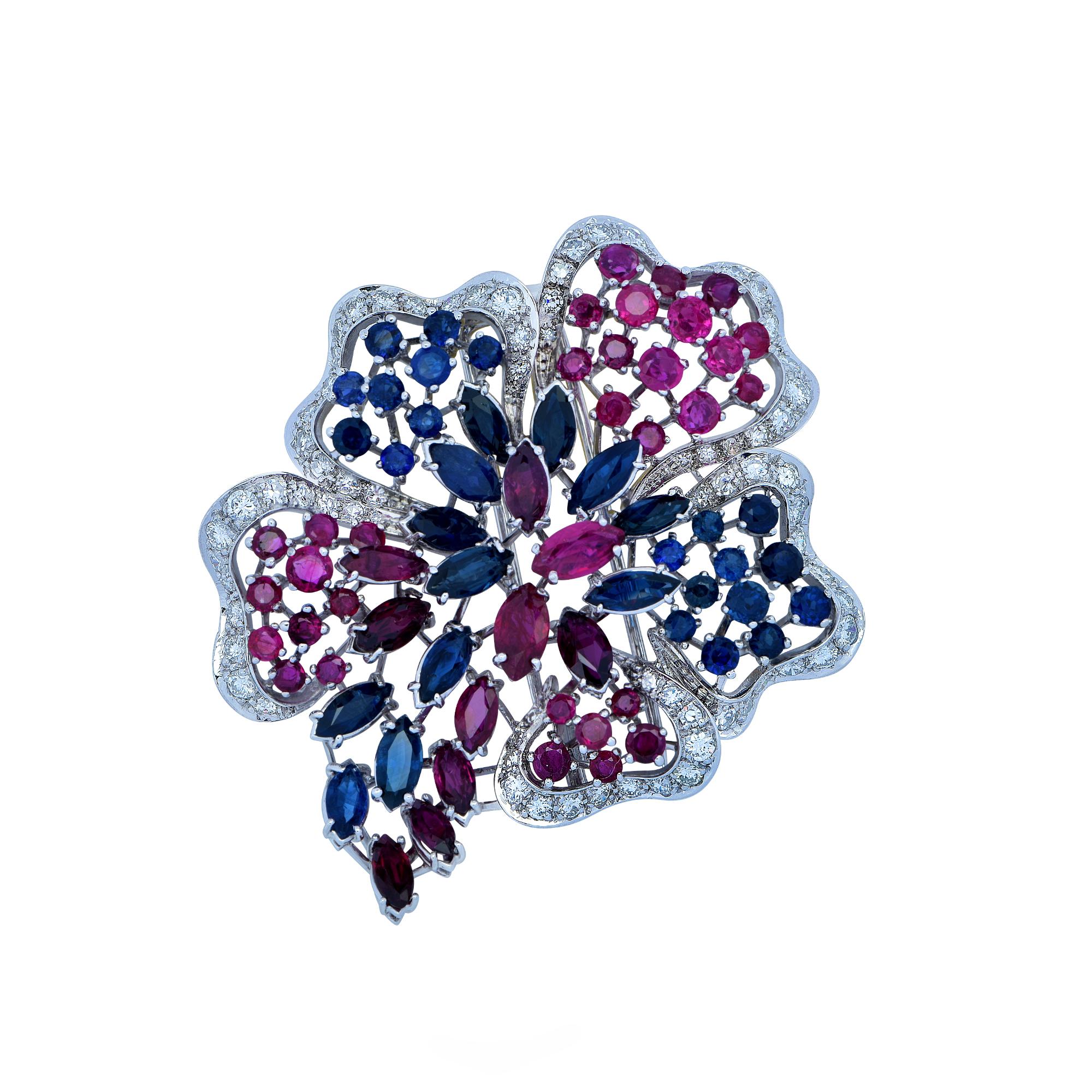 Modern Ruby, Sapphire and Diamond Flower Brooch Pin