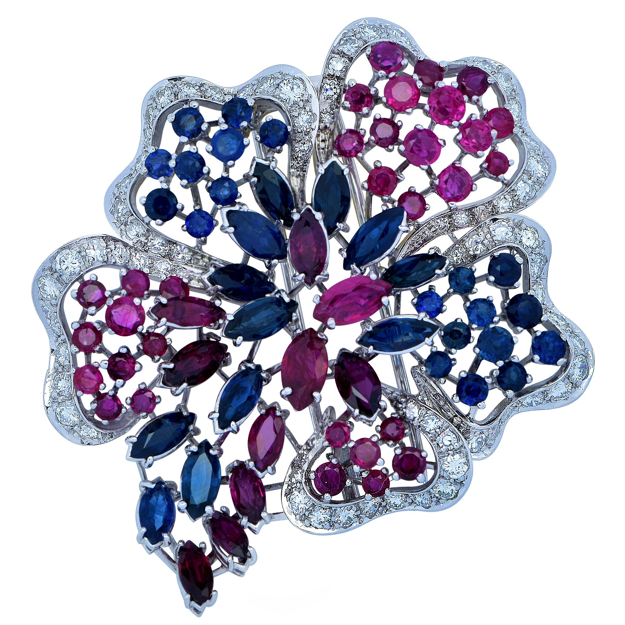 Ruby, Sapphire and Diamond Flower Brooch Pin In Excellent Condition In Miami, FL
