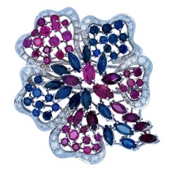 Ruby, Sapphire and Diamond Flower Brooch Pin