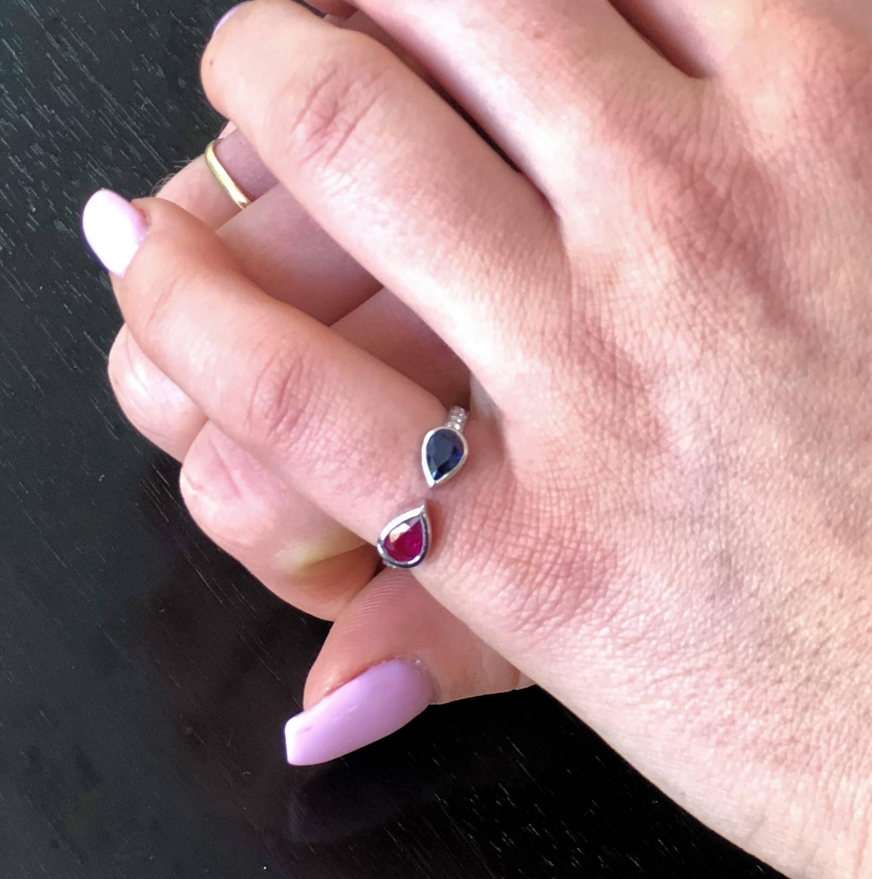 Contemporary  Open Facing Ring with Ruby and Sapphire Cocktail Ring with Pave Set Diamond 