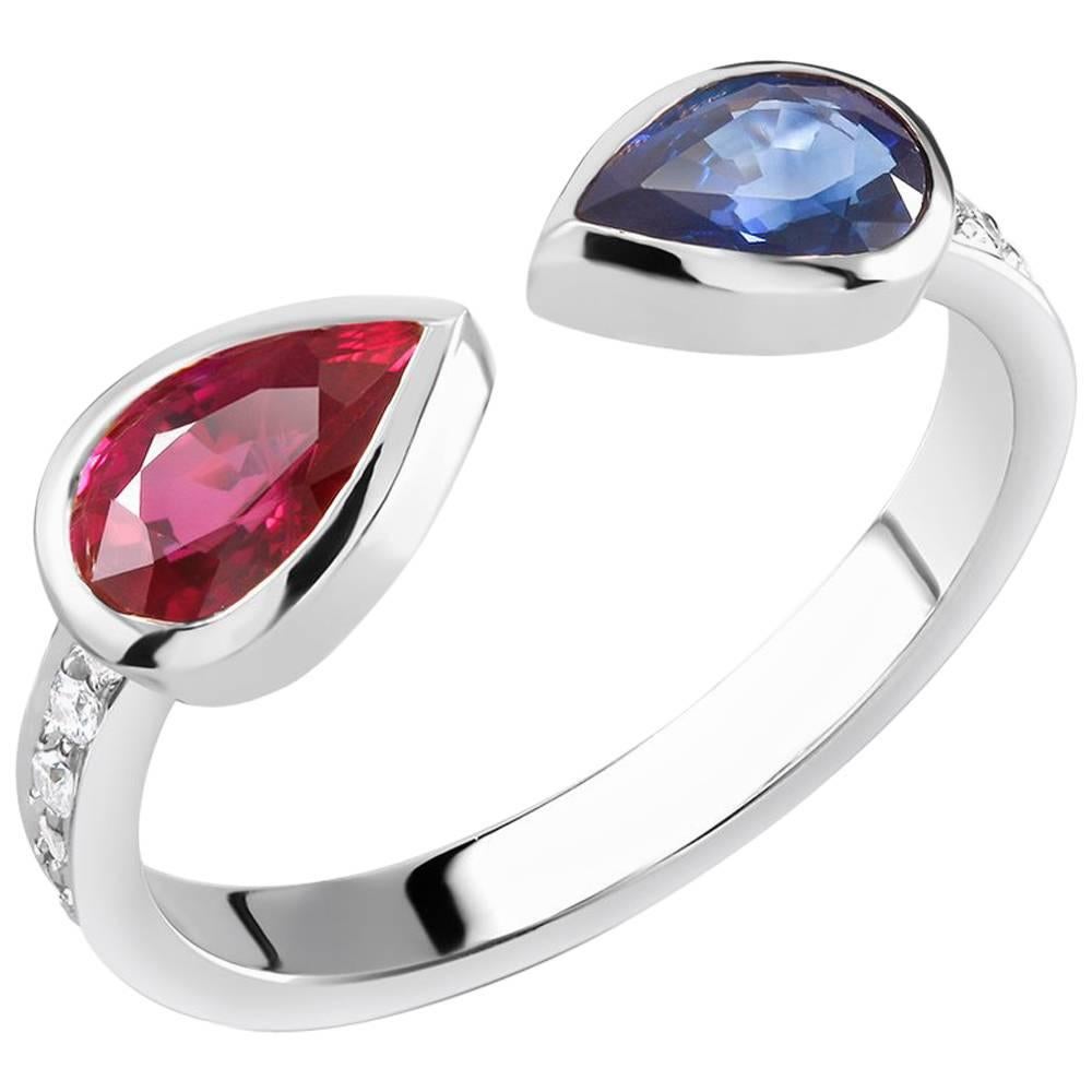  Open Facing Ring with Ruby and Sapphire Cocktail Ring with Pave Set Diamond 