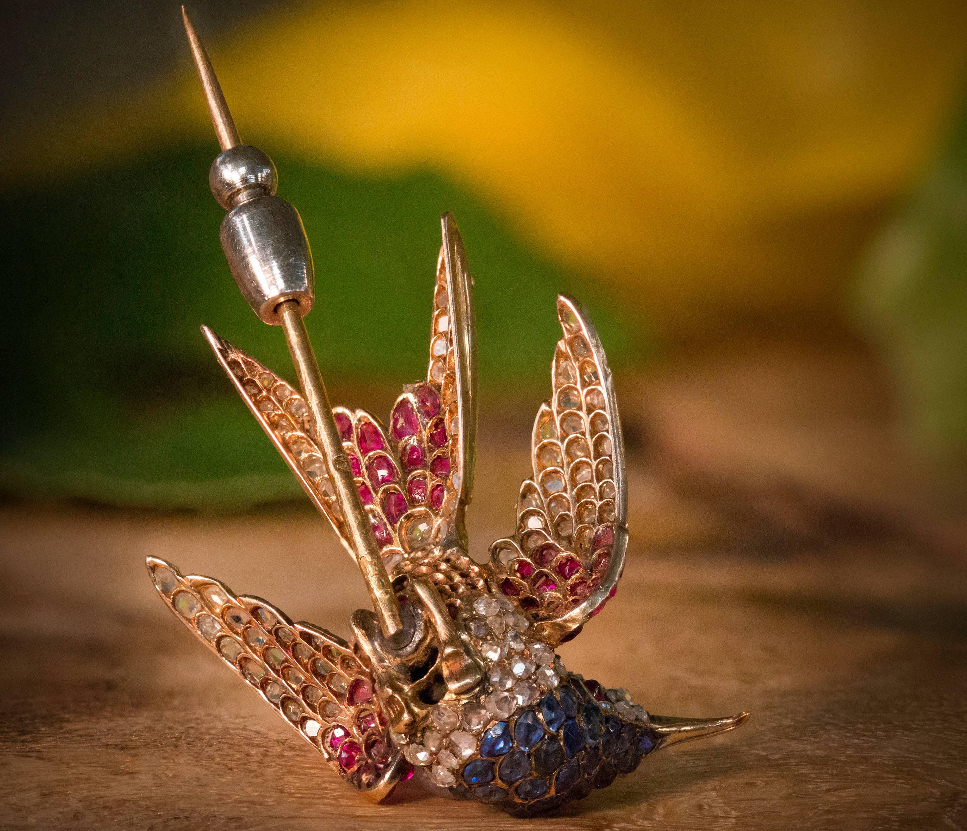 Ruby, Sapphire and Diamond Humming Bird Pin For Sale 1