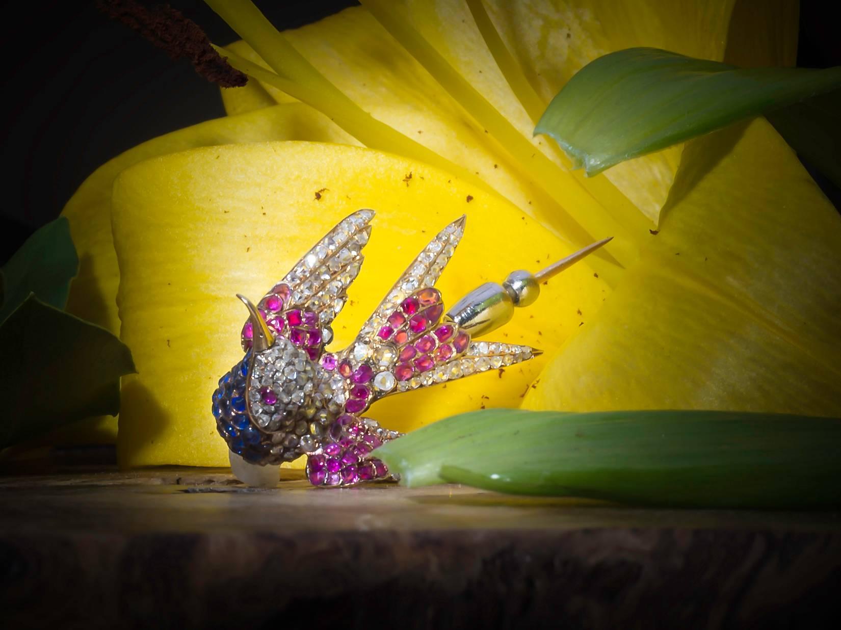 Rose Cut Ruby, Sapphire and Diamond Humming Bird Pin For Sale