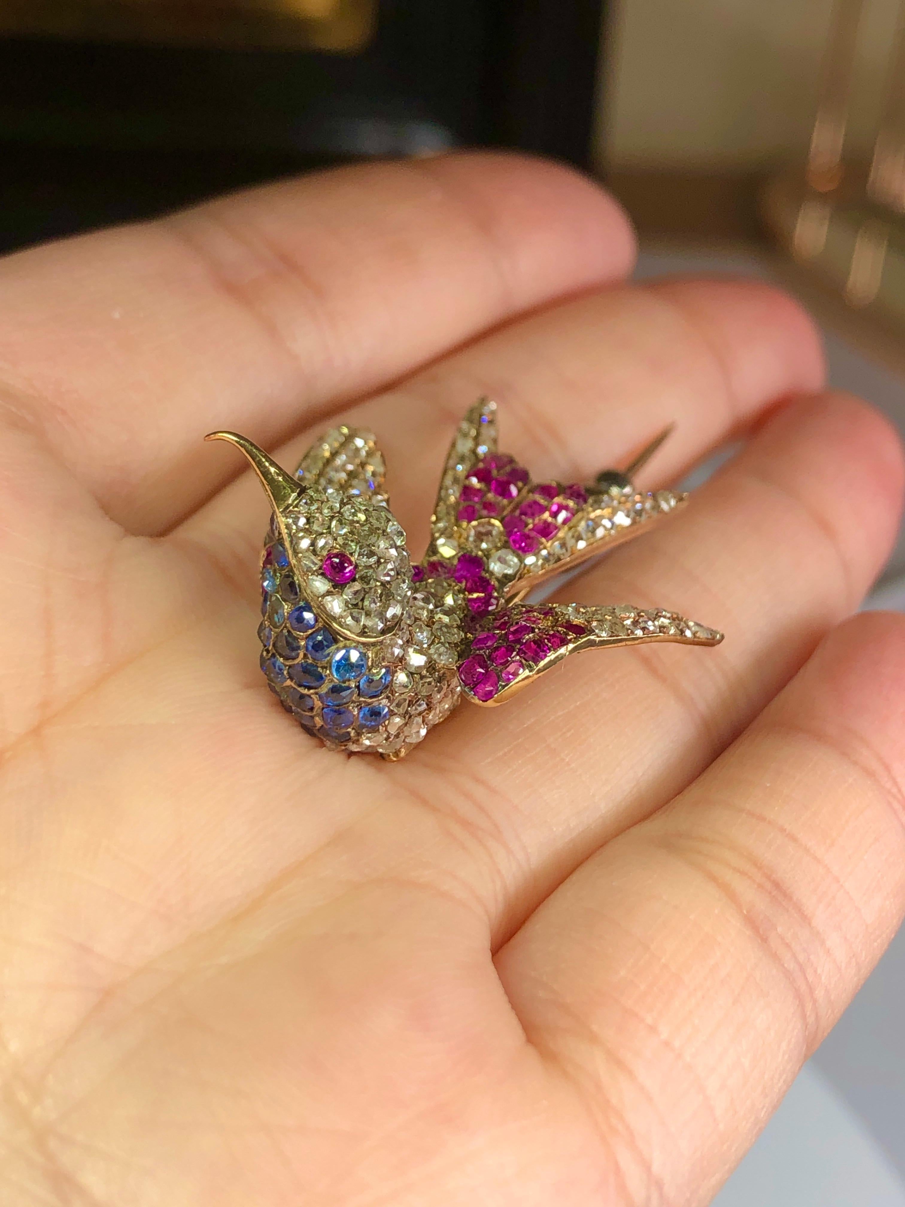 Victorian Ruby, Sapphire and Diamond Humming Bird Pin For Sale