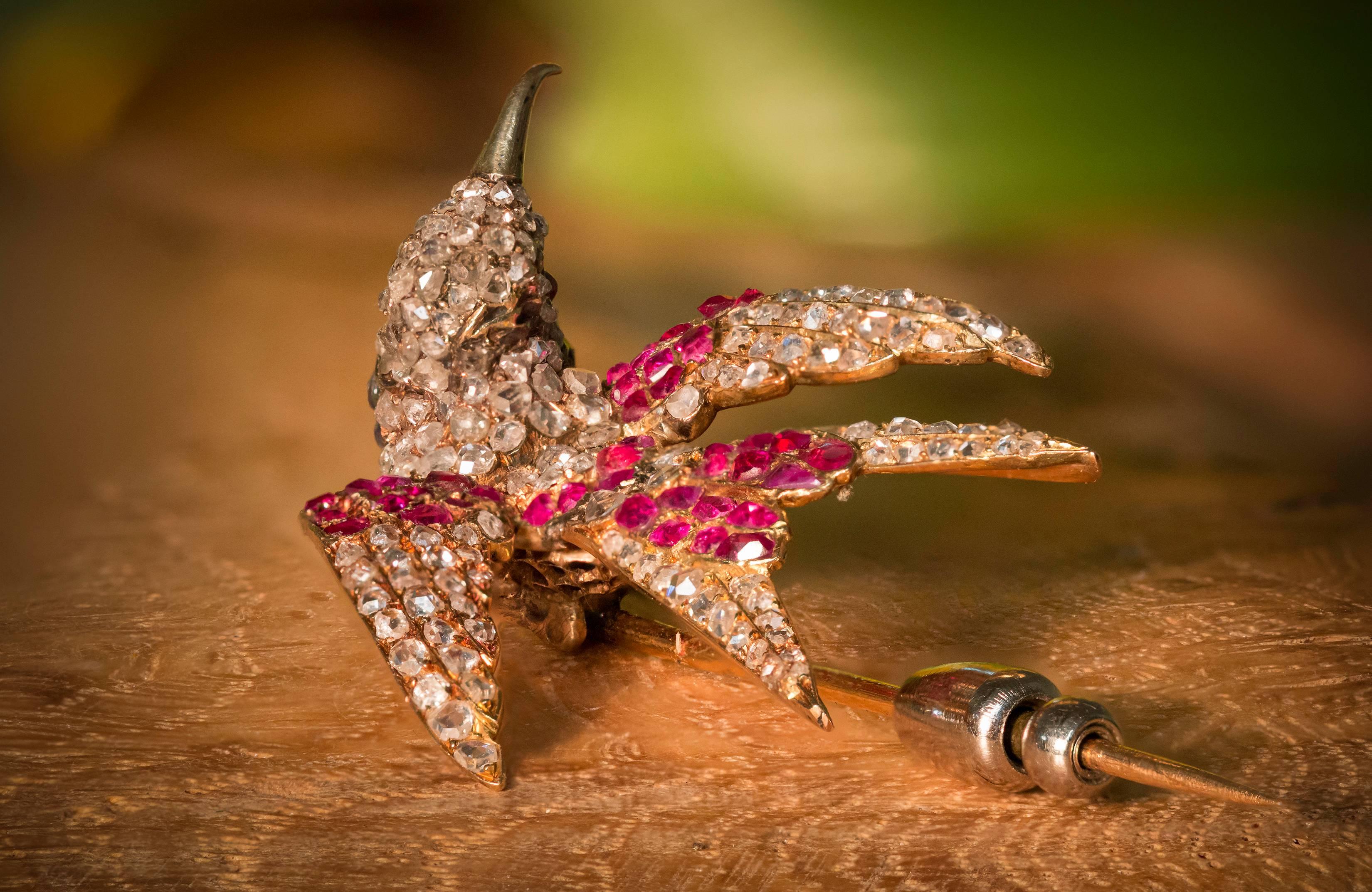 Women's or Men's Ruby, Sapphire and Diamond Humming Bird Pin For Sale