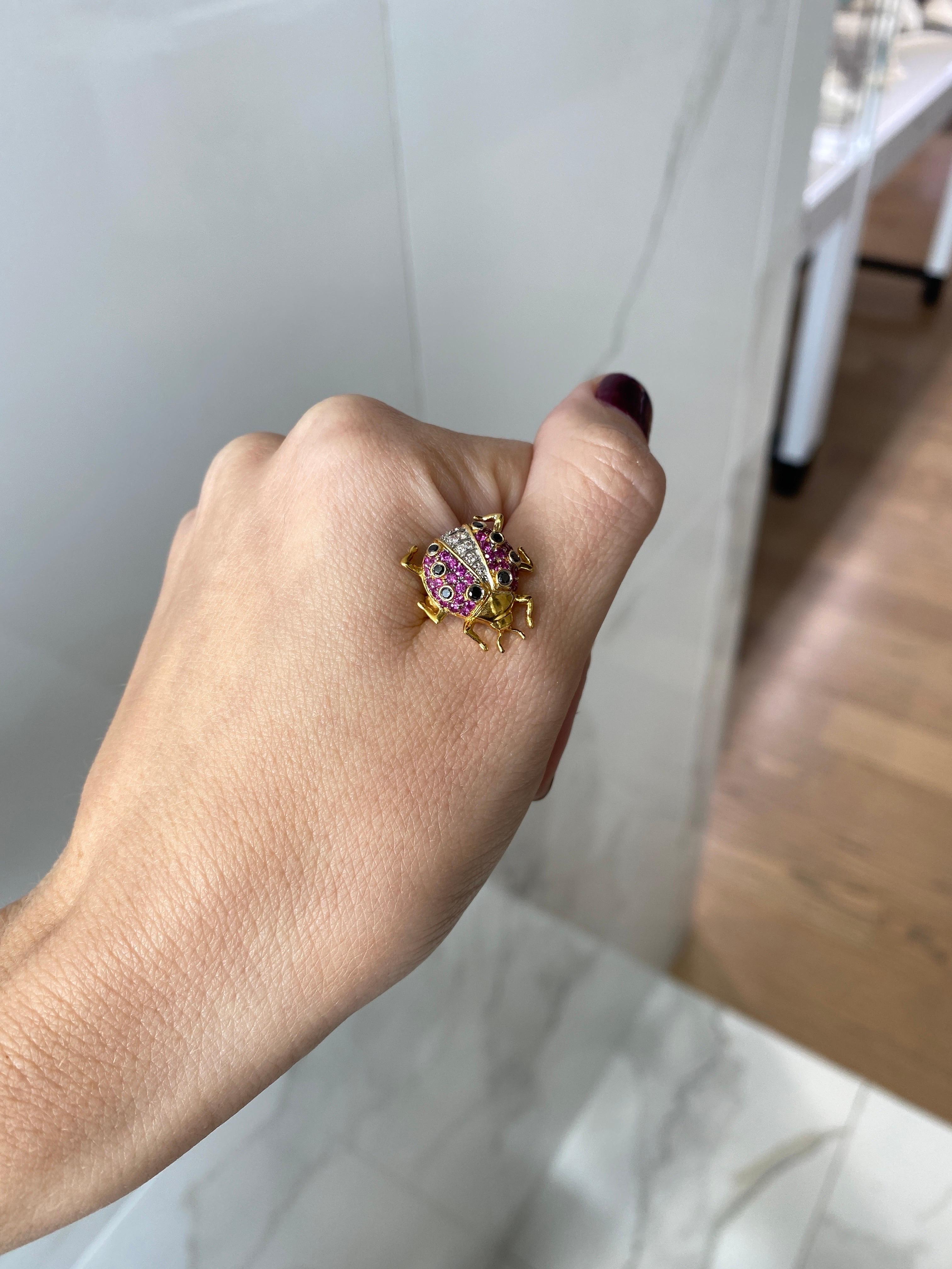 Ruby, Sapphire, and Diamond Ladybug Pin Brooch In Excellent Condition In Houston, TX