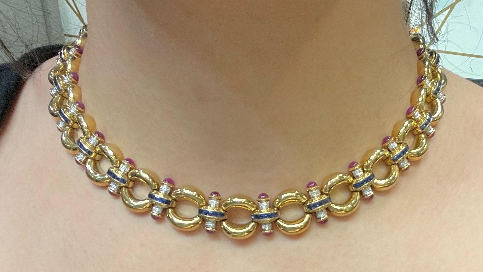 Ruby, Sapphire, and Diamond Necklace

A link necklace with cabochon rubies, sapphires, and round-cut diamonds. 

Approximate ruby weight: 19.20 carats
Approximate diamond weight: .50 carats
Approximate sapphire weight: 6.30 carats
Gross gram weight: