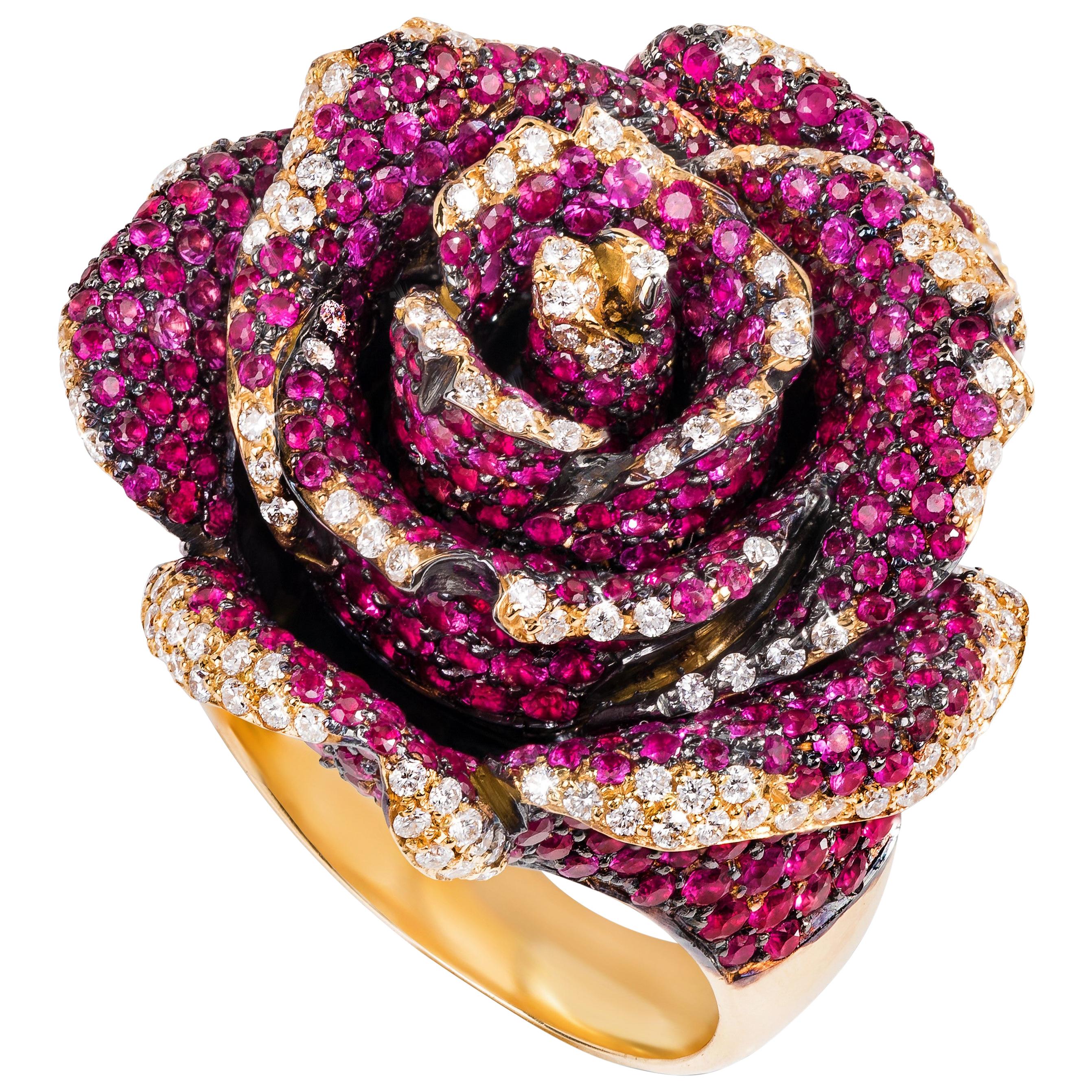 Rosior one-off Ruby, Sapphire and Diamond "Rosebud" Cocktail Ring in Yellow Gold