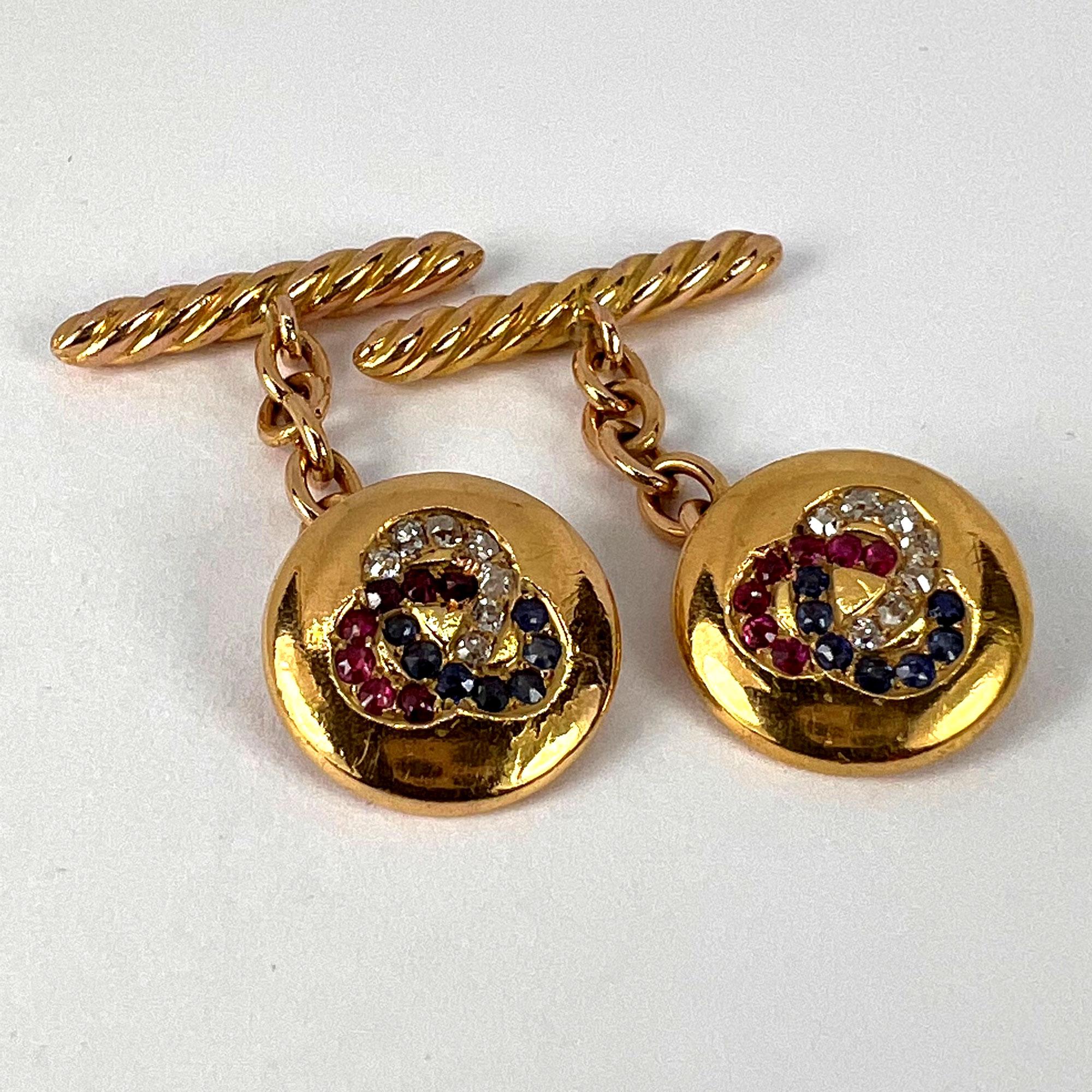 Boutons de manchette Trefoil en or jaune 14 carats avec rubis, saphirs et diamants en vente 7