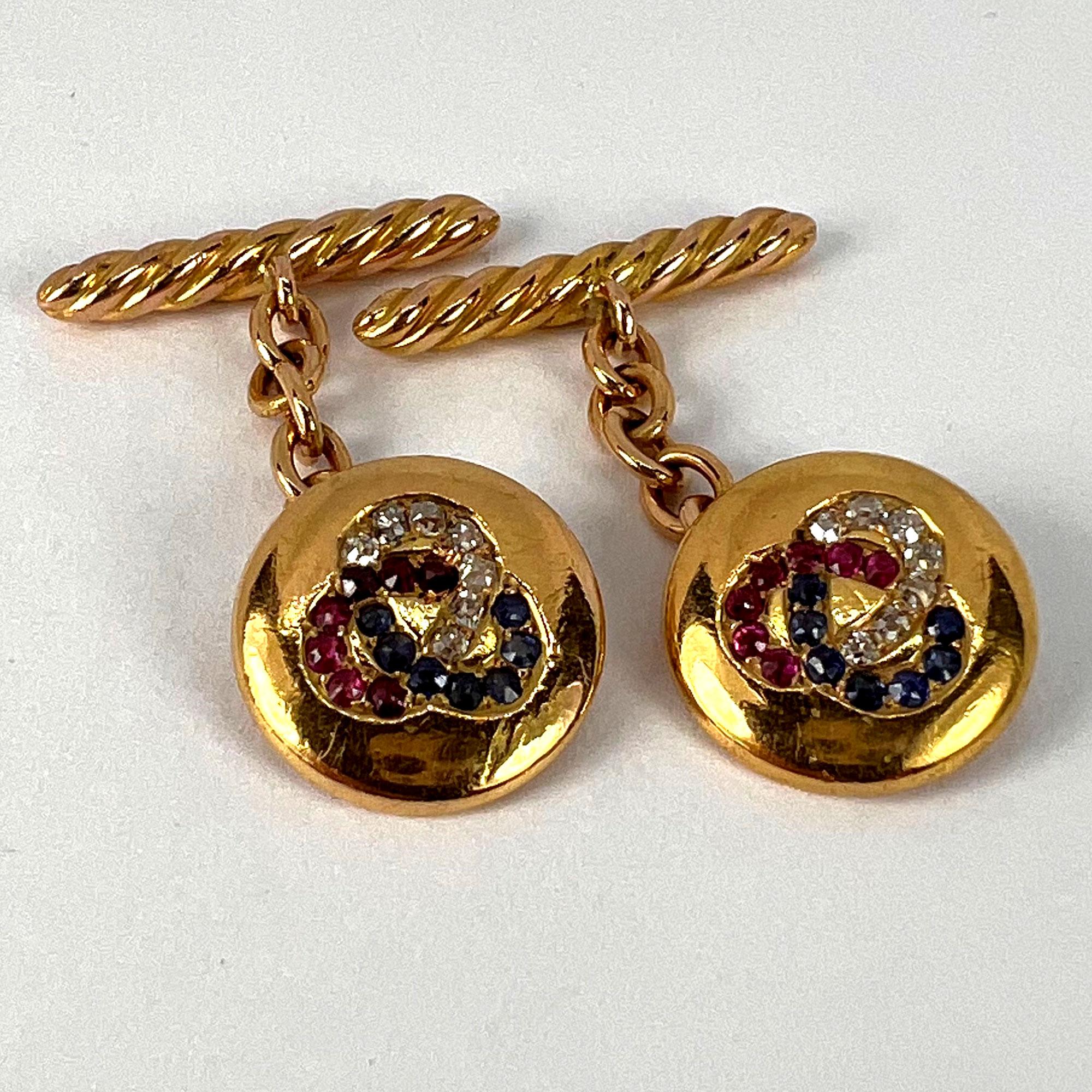 Boutons de manchette Trefoil en or jaune 14 carats avec rubis, saphirs et diamants en vente 8