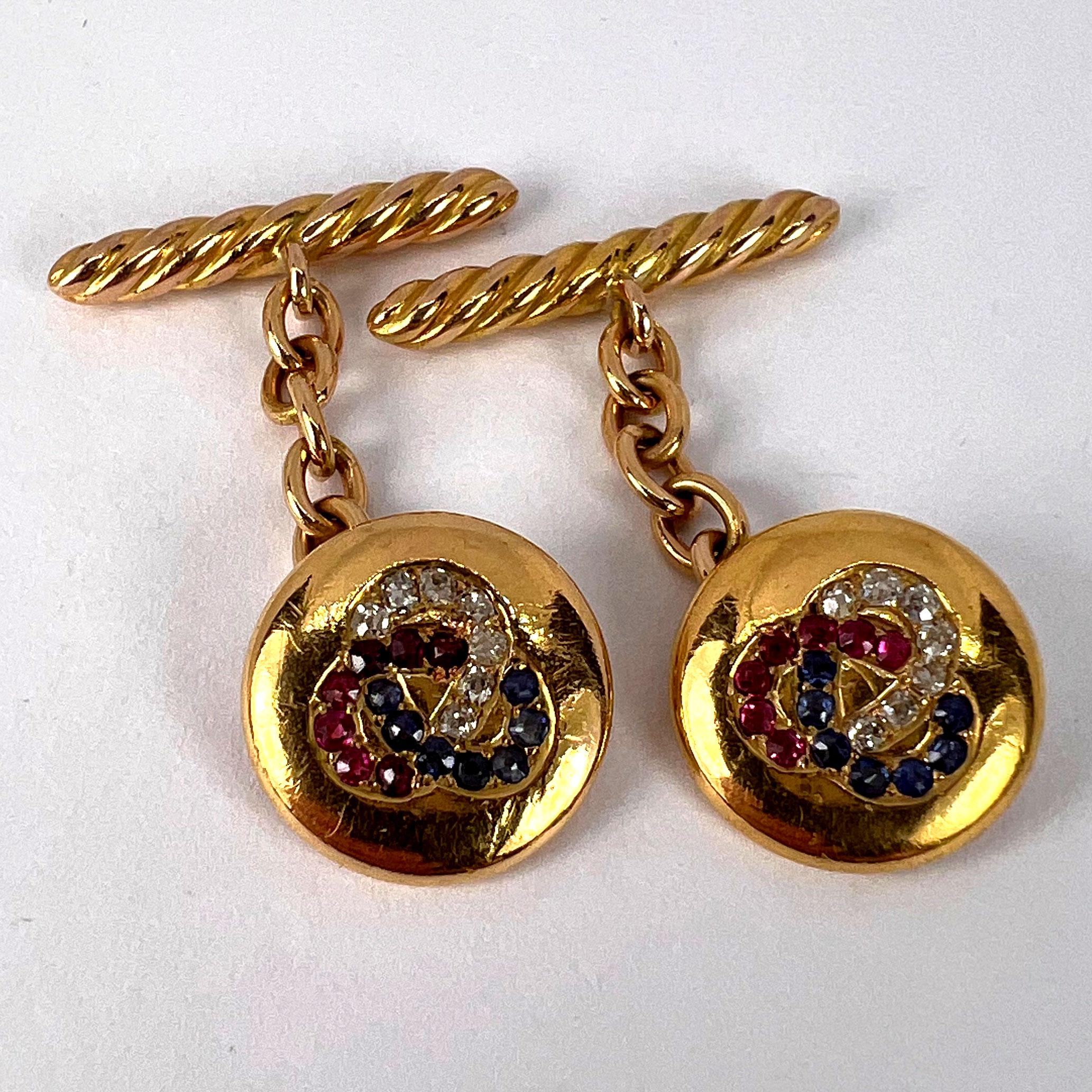 Boutons de manchette Trefoil en or jaune 14 carats avec rubis, saphirs et diamants en vente 9