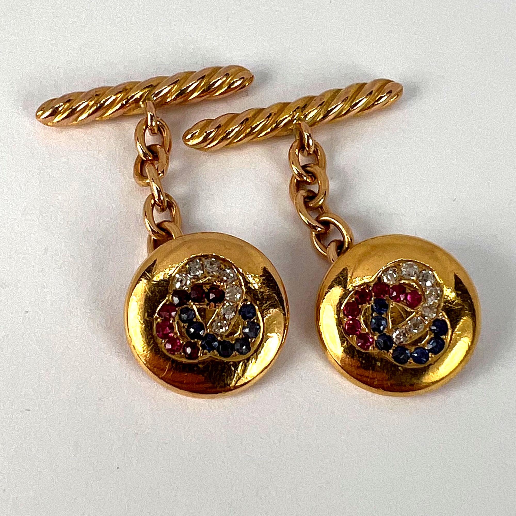 Boutons de manchette Trefoil en or jaune 14 carats avec rubis, saphirs et diamants en vente 10