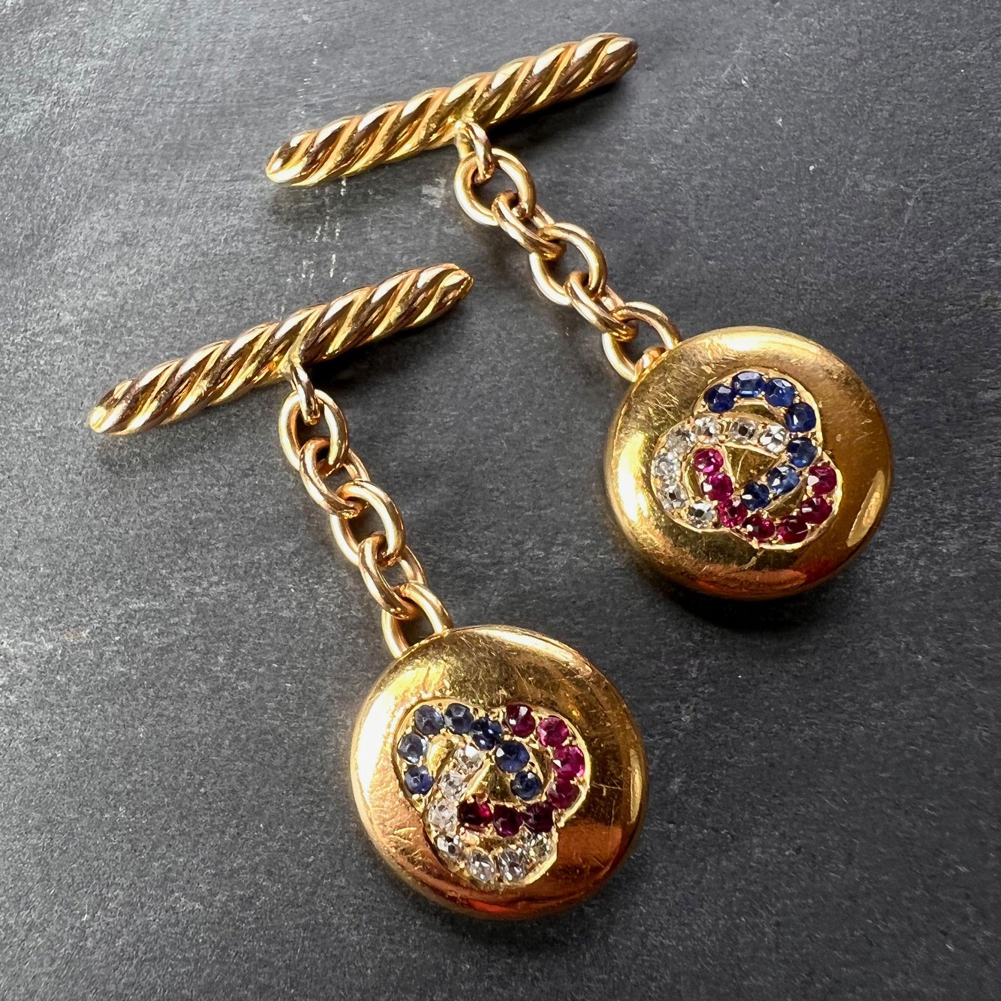 Taille ronde Boutons de manchette Trefoil en or jaune 14 carats avec rubis, saphirs et diamants en vente
