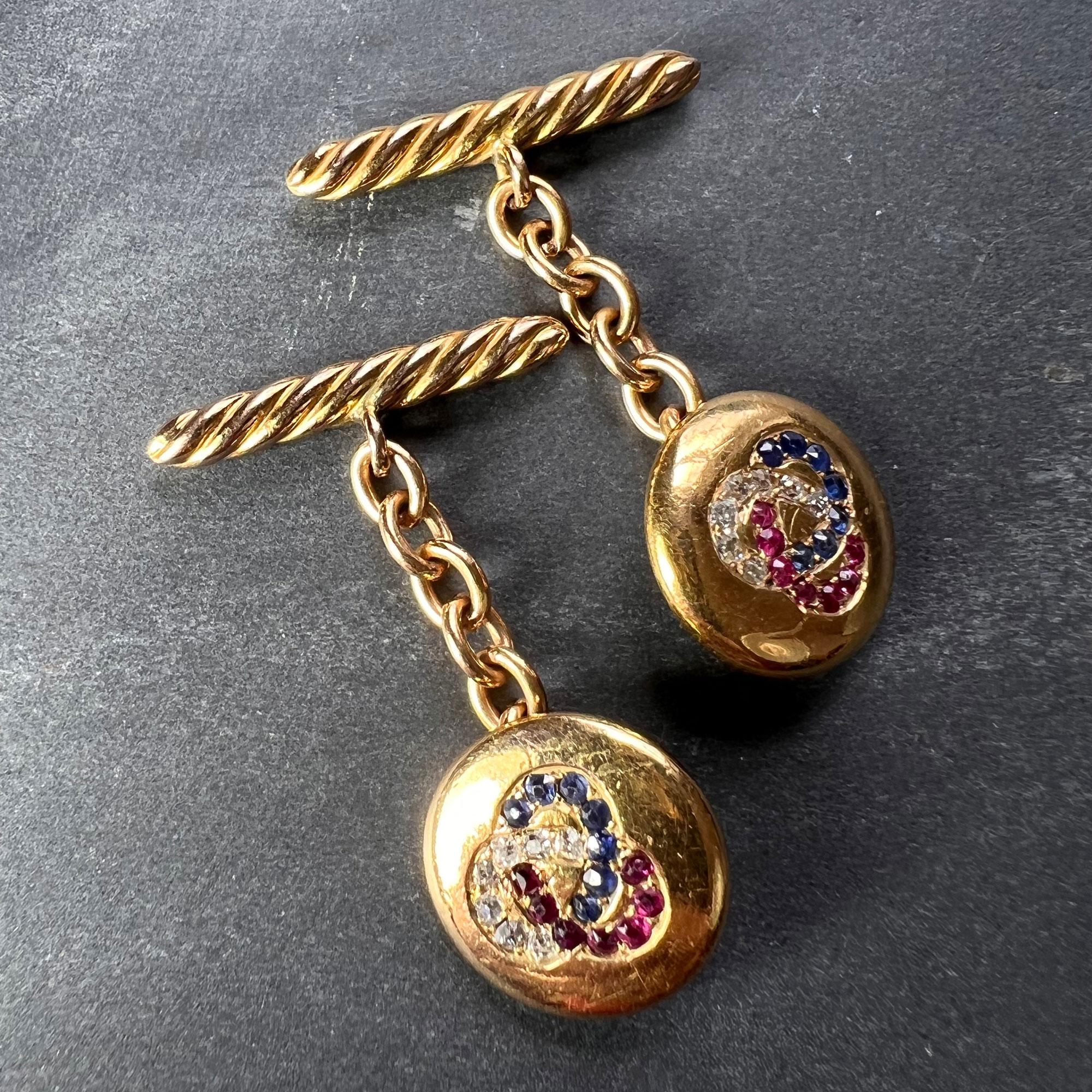 Boutons de manchette Trefoil en or jaune 14 carats avec rubis, saphirs et diamants Bon état - En vente à London, GB