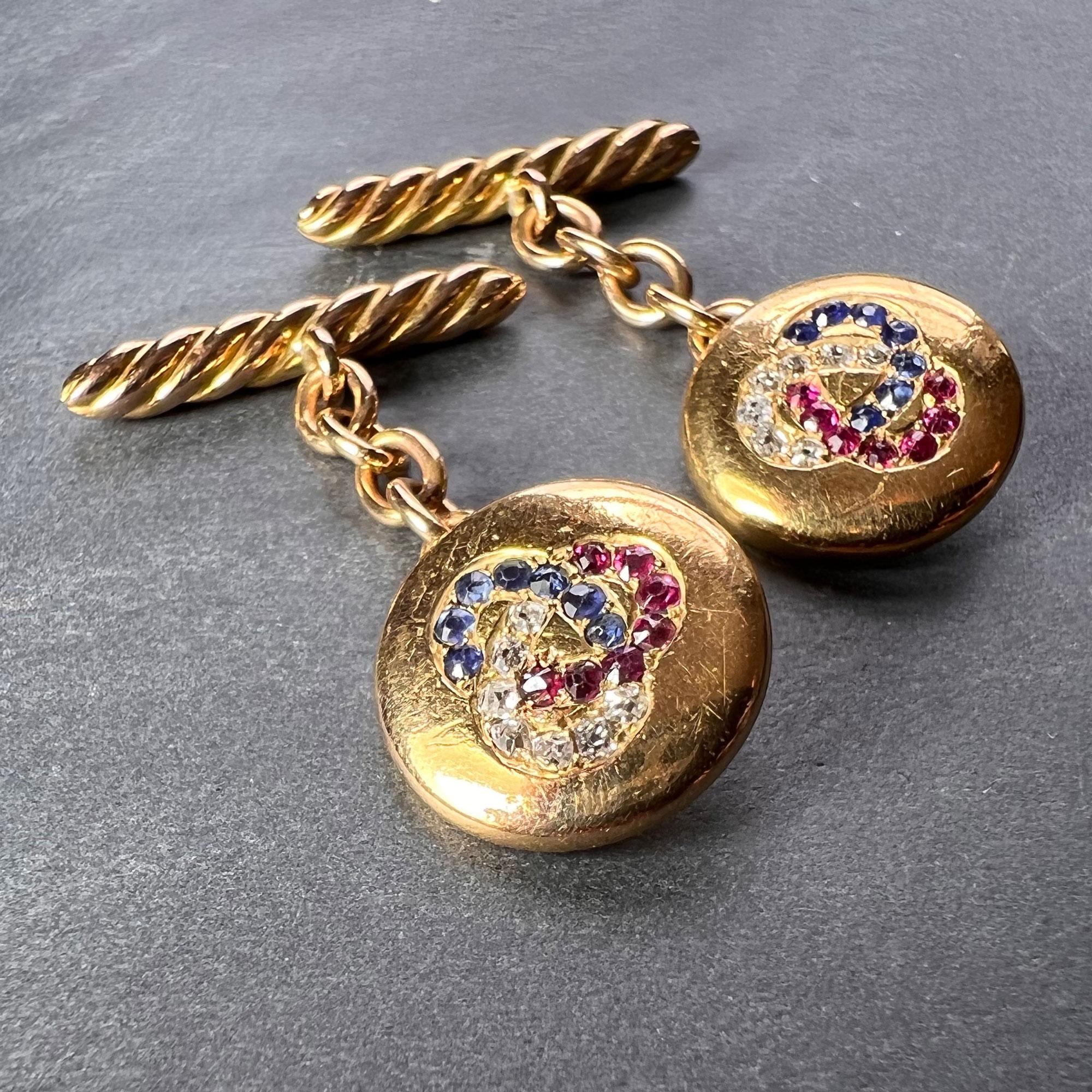 Boutons de manchette Trefoil en or jaune 14 carats avec rubis, saphirs et diamants en vente 1