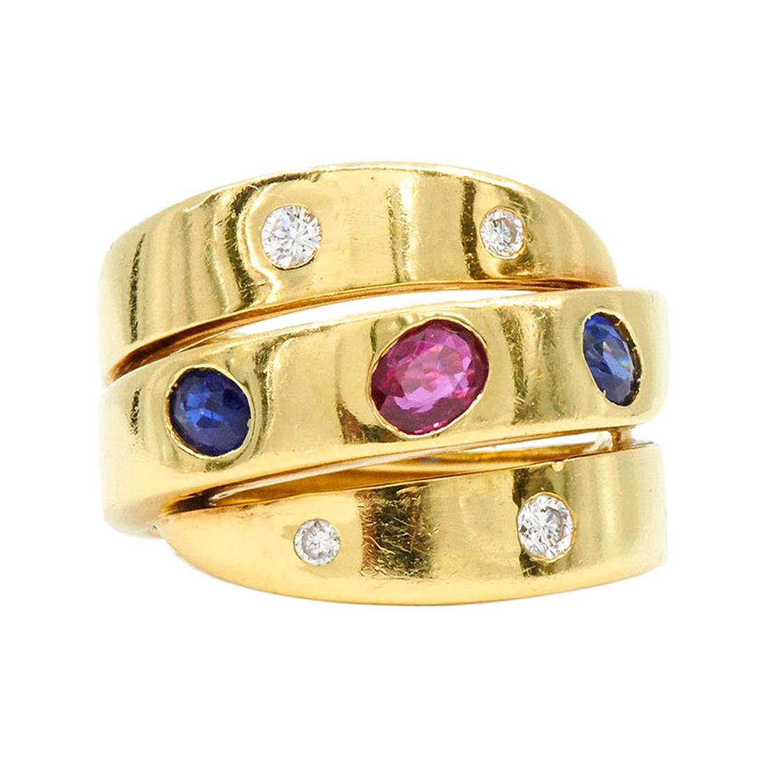 Ruby, Sapphire and Diamond Wrapped 3-Row Ring by Van Cleef & Arpels, circa 1980s