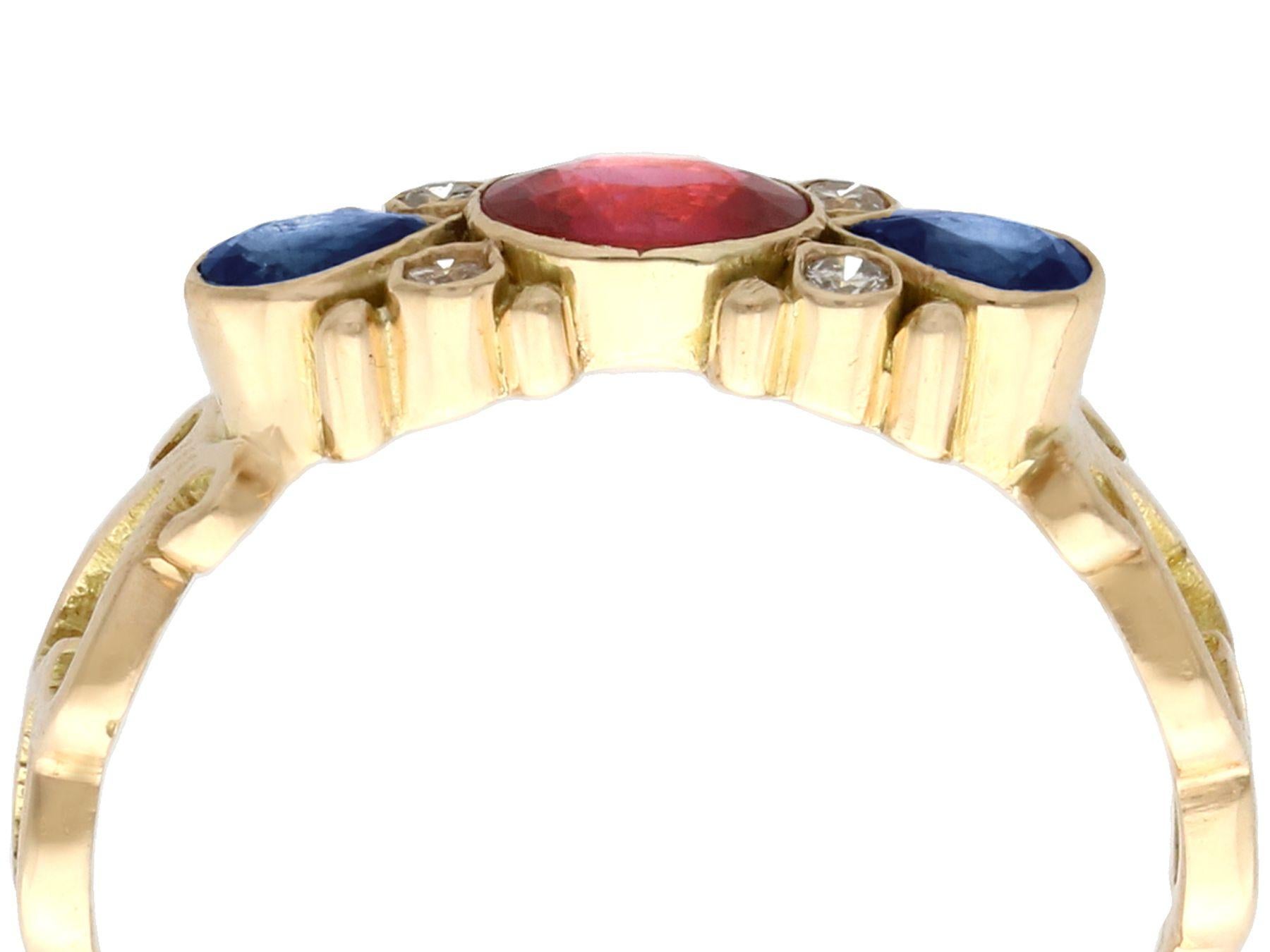 A fine and impressive 0.50 carat ruby, 0.32 carat sapphire and 0.04 carat diamond, 18 karat yellow gold ring; part of our diverse gemstone jewellery collections.

This fine and impressive vintage gemstone ring has been crafted in 18k yellow