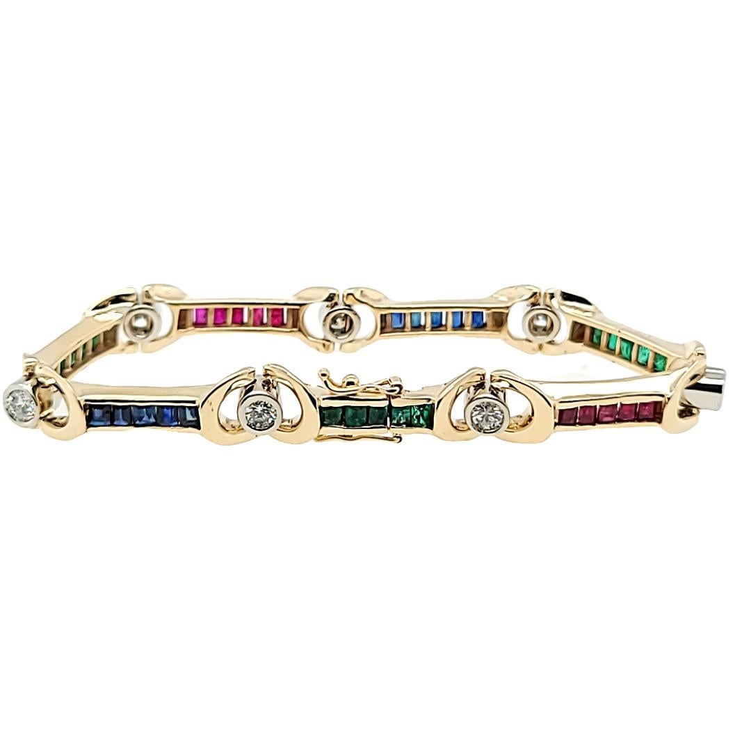 Princess Cut Ruby, Sapphire, and Emerald Bracelet in Yellow Gold