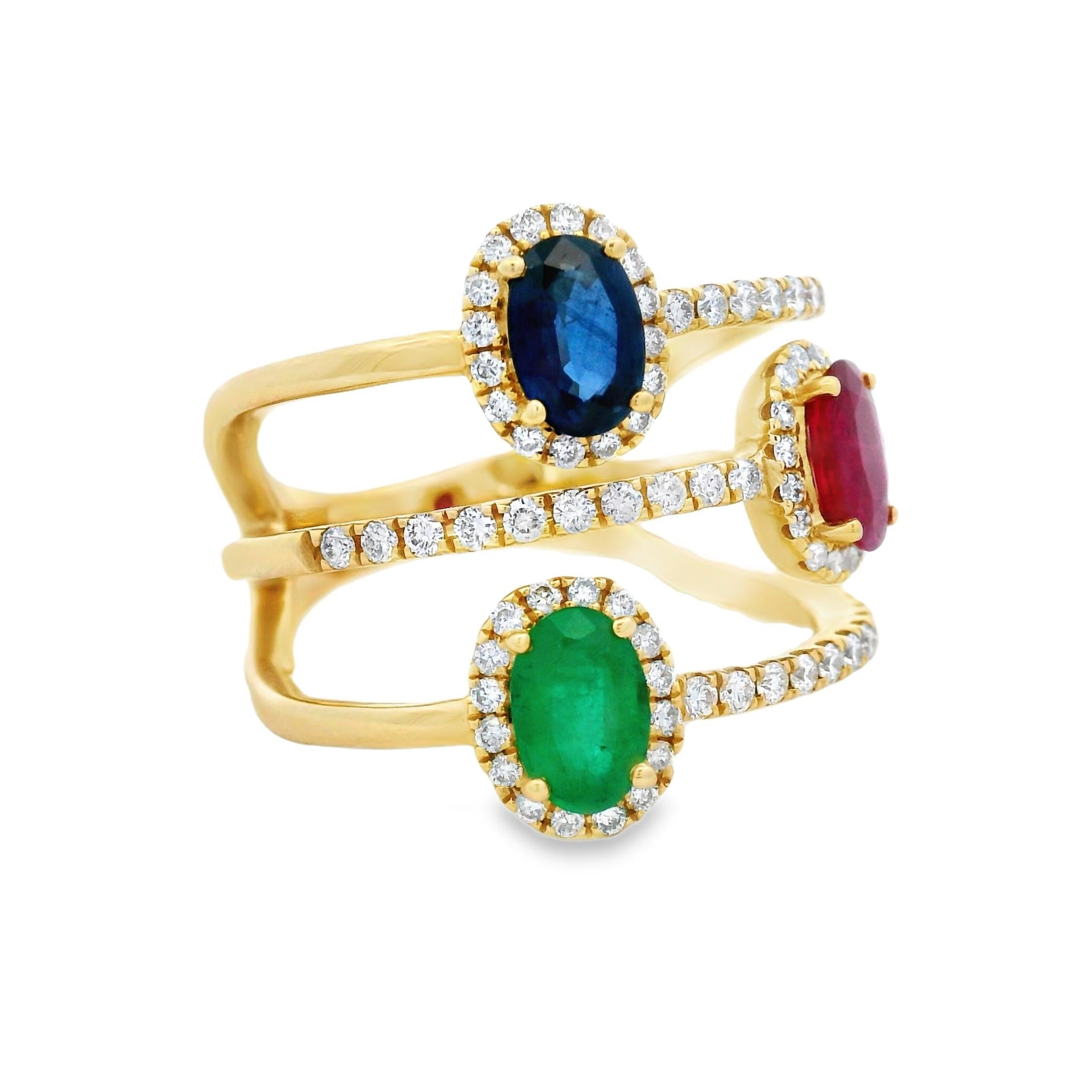 Anello con rubino, zaffiro e diamante smeraldo in oro giallo 14 carati in vendita 2