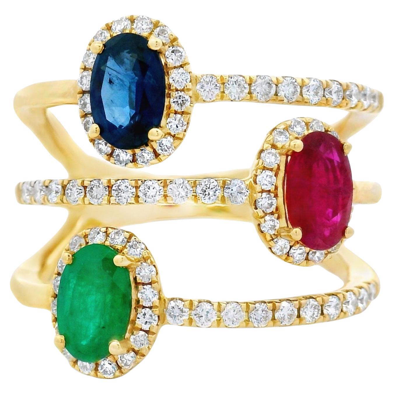 Diamantring mit Rubin, Saphir und Smaragd aus 14 Karat Gelbgold