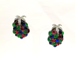 Ruby, sapphire and emerald glass cabuchon 'cluster' earrings, France, 1960s