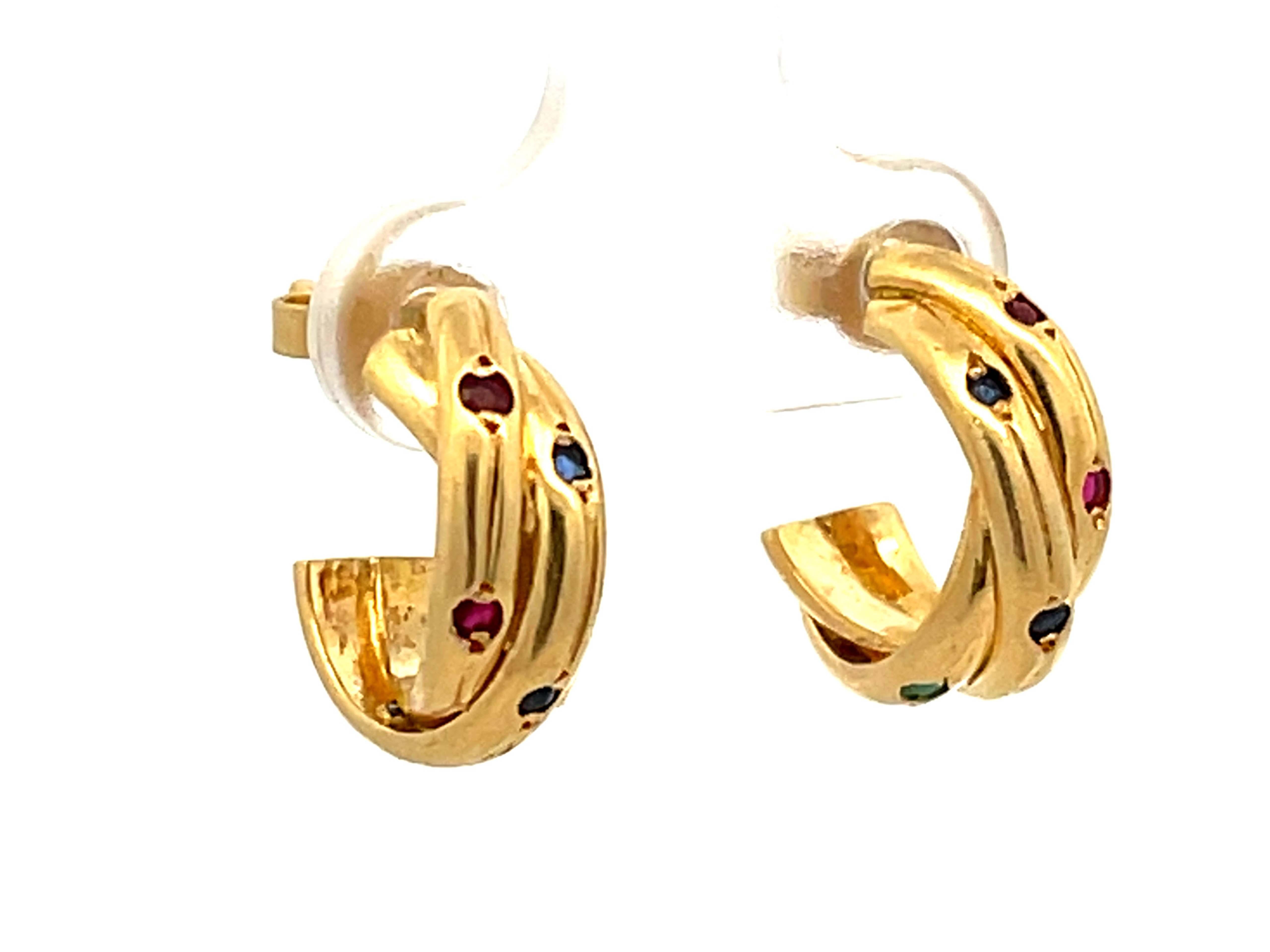 Modern Ruby Sapphire and Emerald Studded Hoop Earrings in 18k Yellow Gold For Sale