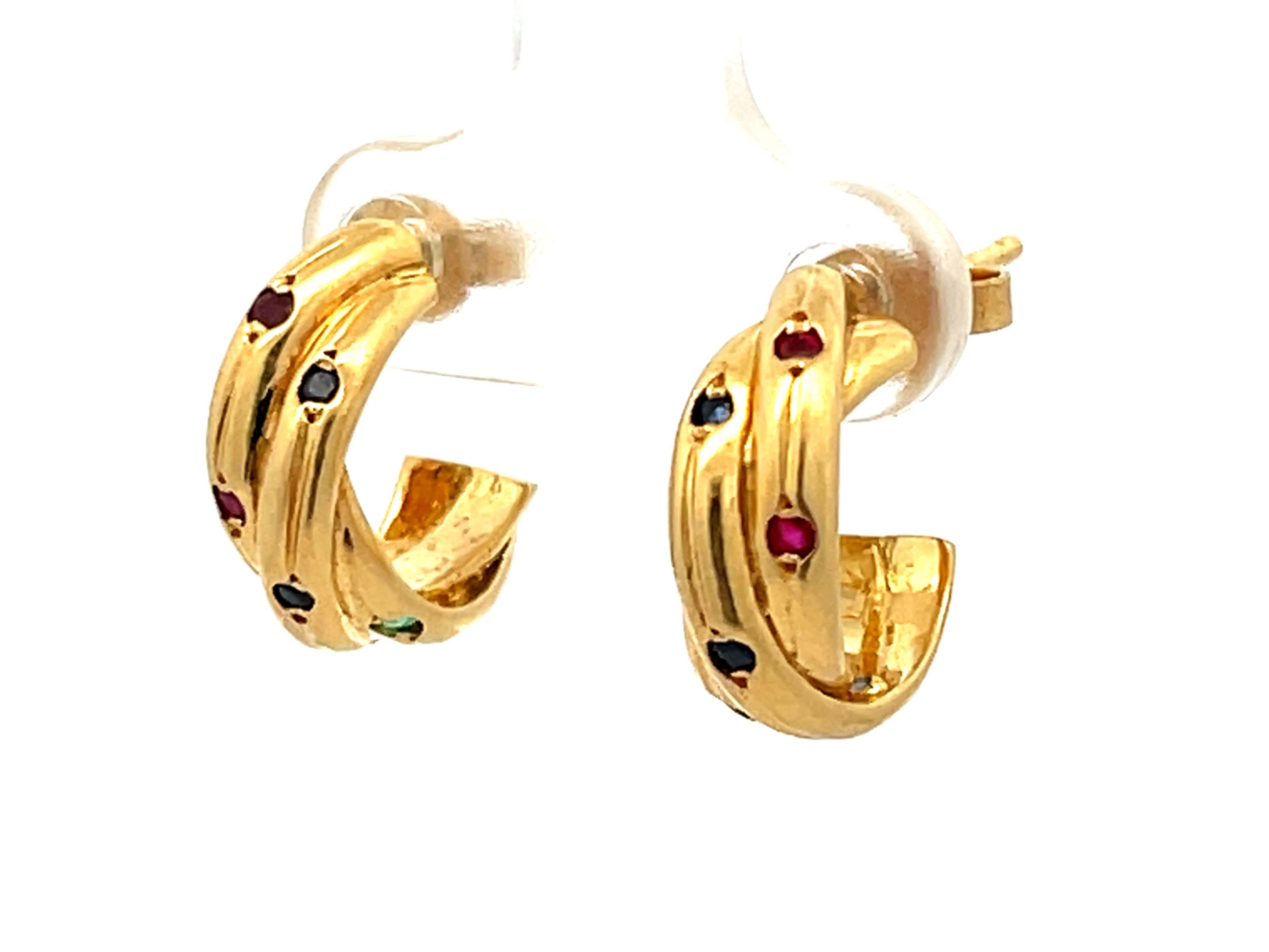 Round Cut Ruby Sapphire and Emerald Studded Hoop Earrings in 18k Yellow Gold For Sale