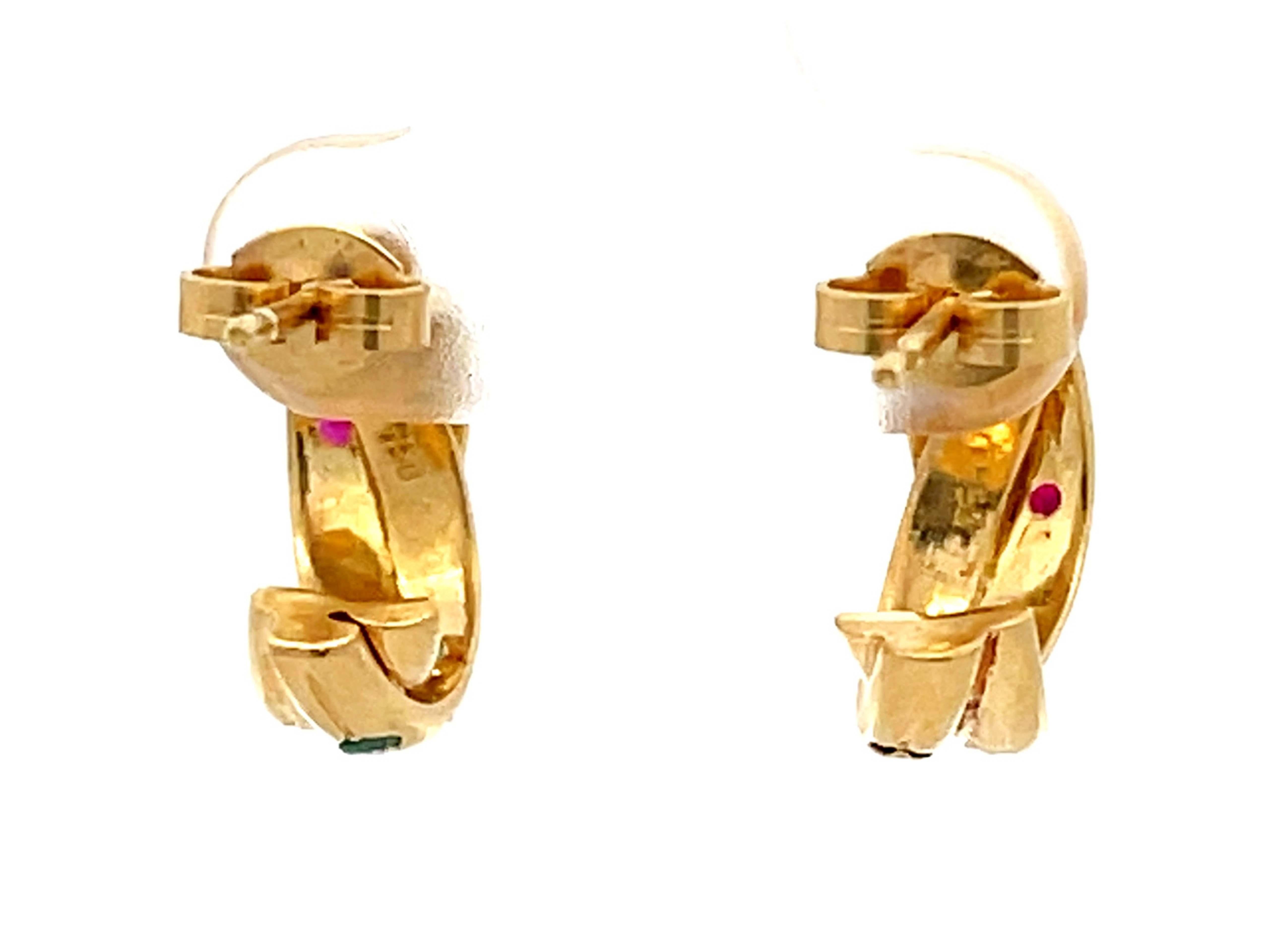 Ruby Sapphire and Emerald Studded Hoop Earrings in 18k Yellow Gold For Sale 1