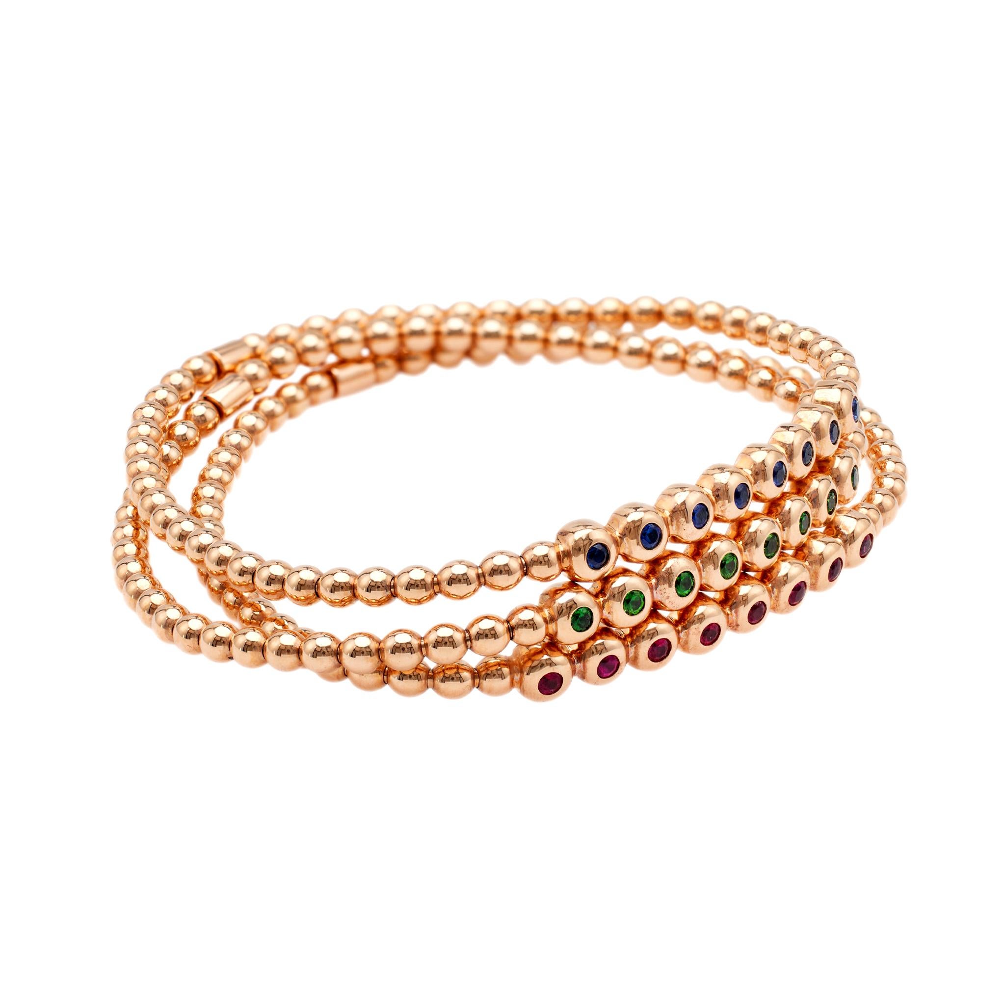 Women's or Men's Ruby, Sapphire, and Tsavorite Garnet 18k Rose Gold Beaded Bracelet Stack For Sale