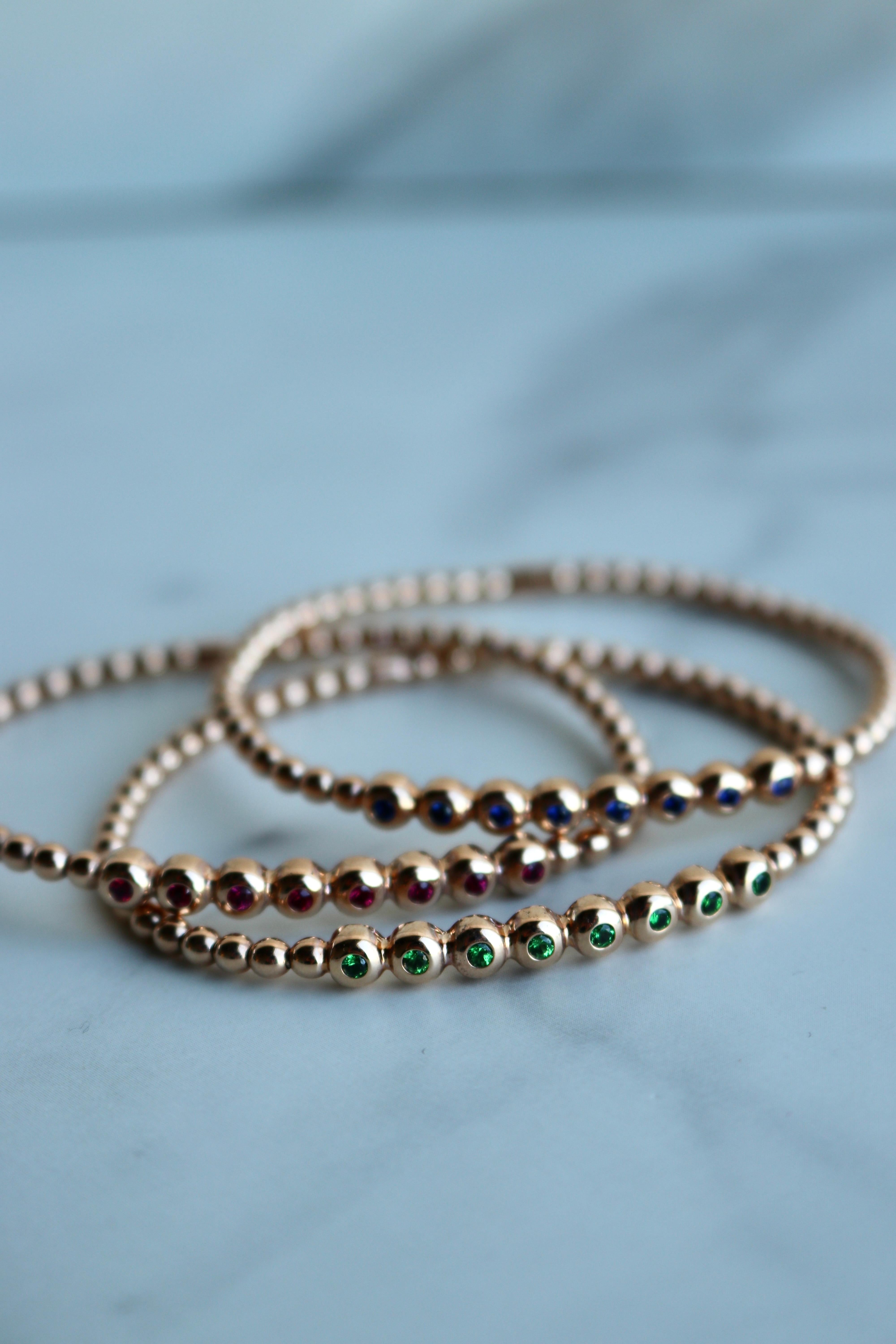 Ruby, Sapphire, and Tsavorite Garnet 18k Rose Gold Beaded Bracelet Stack For Sale 1
