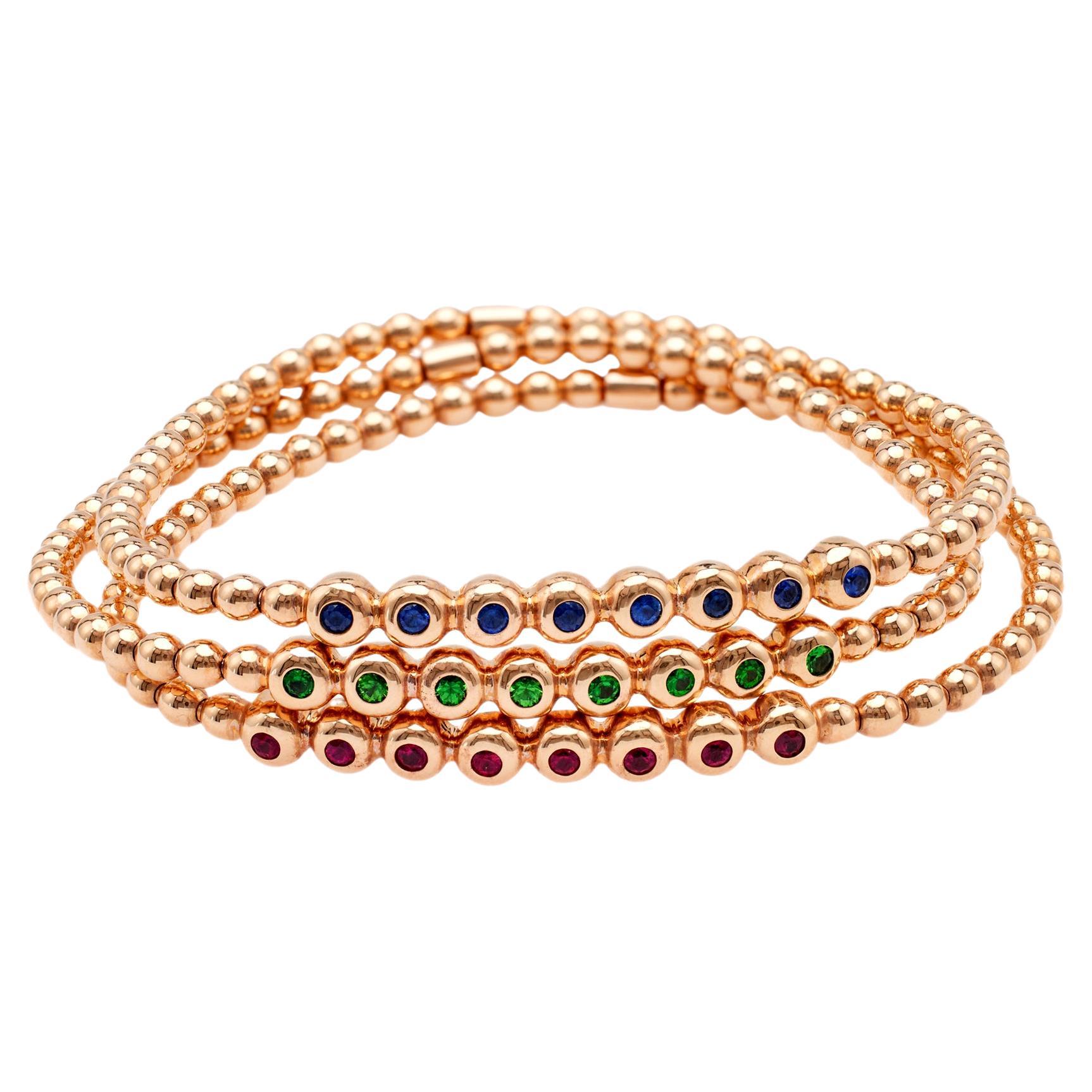 Ruby, Sapphire, and Tsavorite Garnet 18k Rose Gold Beaded Bracelet Stack