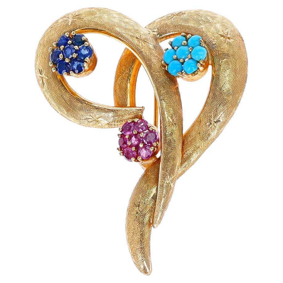 Ruby, Sapphire and Turquoise Heart Brooch, 14k For Sale