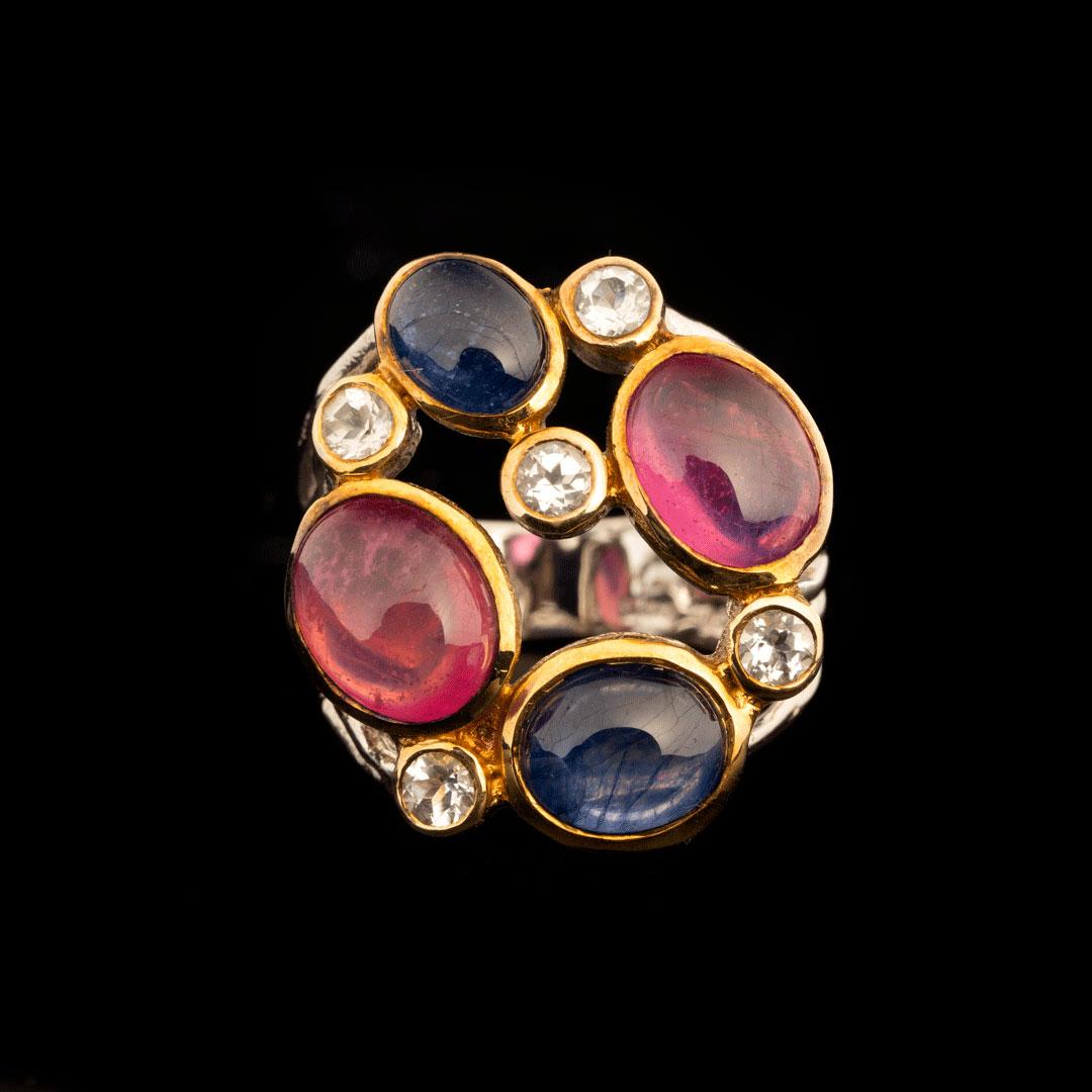 Ruby, Sapphire, and White Topaz Ring // Size 8.5 In New Condition For Sale In New York, NY