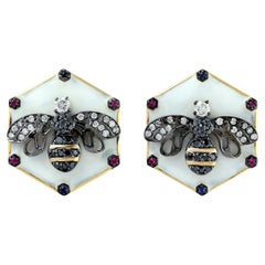 Studs Ruby & Sapphire Bee Figure White Enameled With Pave Diamonds In 18k Gold