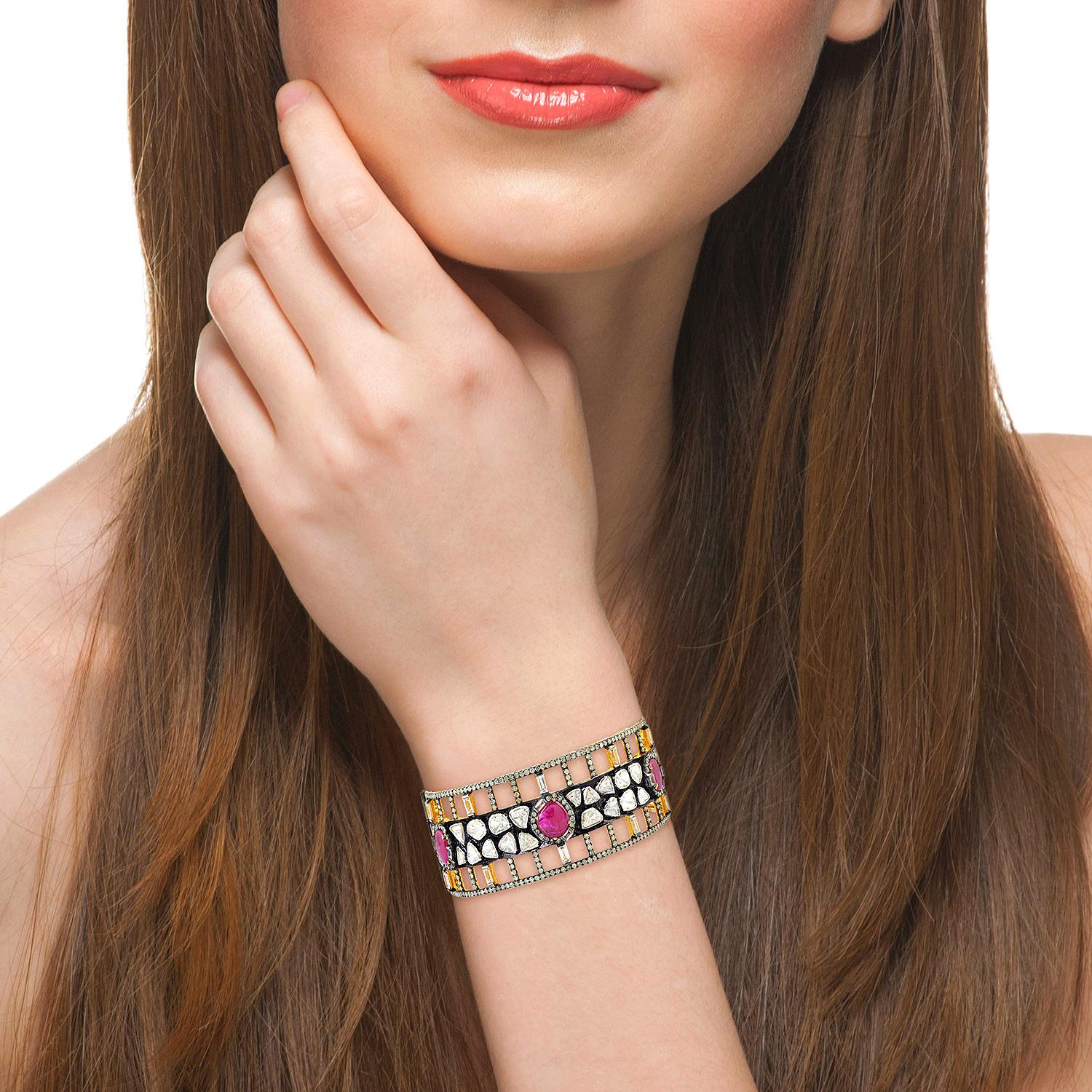 Art Deco Ruby & Sapphire Cuff Bracelet With Grill & Diamonds in 18k Gold For Sale