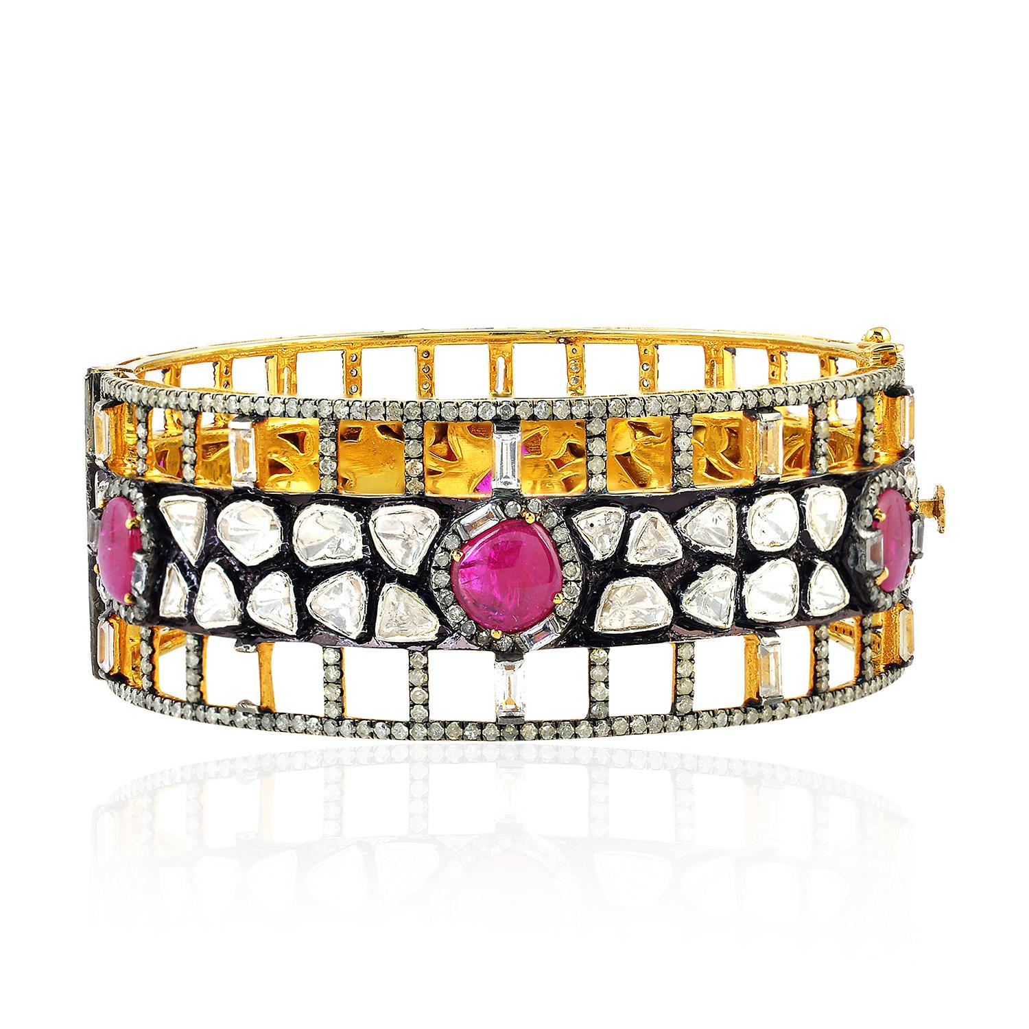 Mixed Cut Ruby & Sapphire Cuff Bracelet With Grill & Diamonds in 18k Gold For Sale