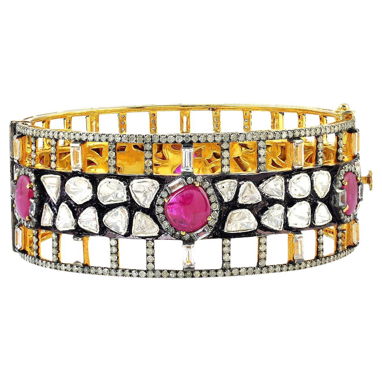 Ruby & Sapphire Cuff Bracelet With Grill & Diamonds in 18k Gold